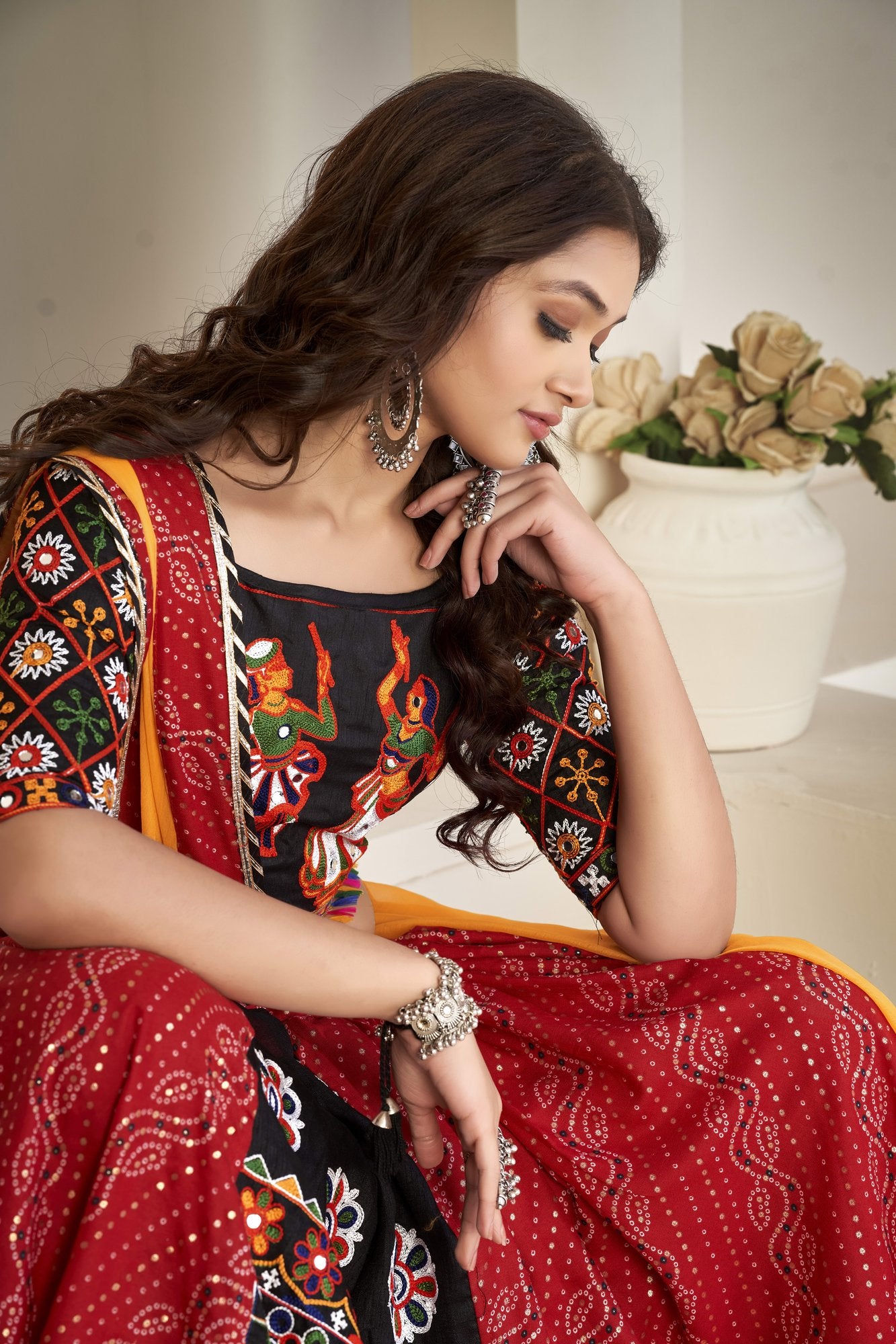Women's Red Cotton silk, Traditional Kutchi Embroidery with Mirror Work Semi Stitched Lehenga Choli With Dupatta (Nav_06_Red)