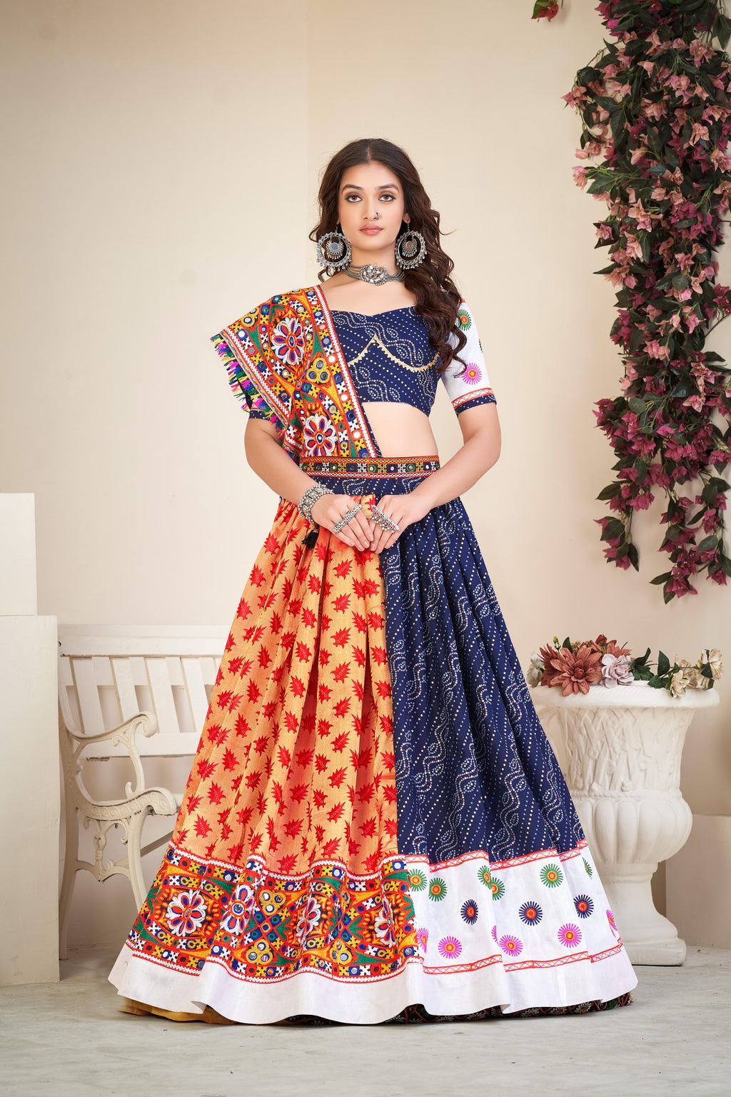 Women's Blue Cotton silk,wovwn silk Traditional Kutchi Embroidery with Mirror Work Semi Stitched Lehenga Choli With Dupatta (Nav_07_Blue)