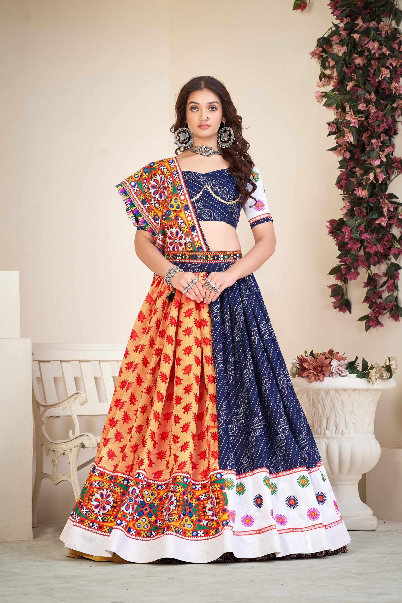 Women's Blue Cotton silk,wovwn silk Traditional Kutchi Embroidery with Mirror Work Semi Stitched Lehenga Choli With Dupatta (Nav_07_Blue)