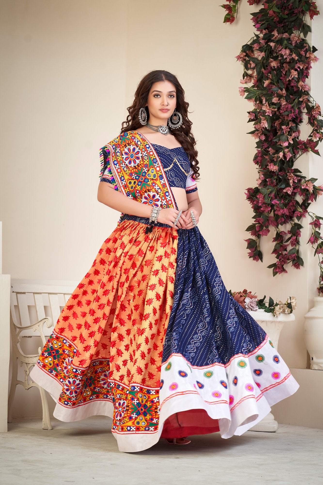 Women's Blue Cotton silk,wovwn silk Traditional Kutchi Embroidery with Mirror Work Semi Stitched Lehenga Choli With Dupatta (Nav_07_Blue)