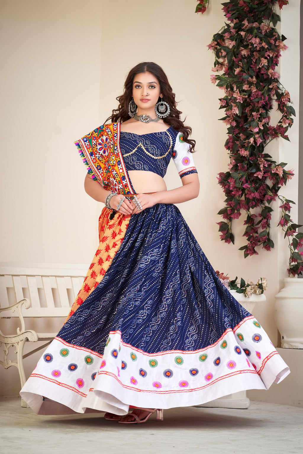 Women's Blue Cotton silk,wovwn silk Traditional Kutchi Embroidery with Mirror Work Semi Stitched Lehenga Choli With Dupatta (Nav_07_Blue)