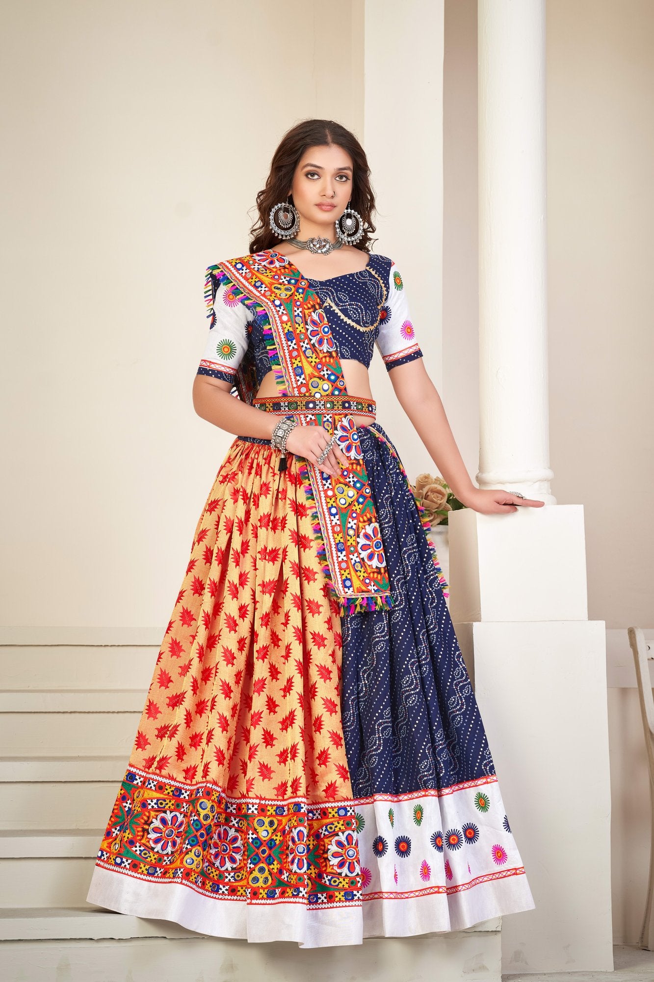 Women's Blue Cotton silk,wovwn silk Traditional Kutchi Embroidery with Mirror Work Semi Stitched Lehenga Choli With Dupatta (Nav_07_Blue)