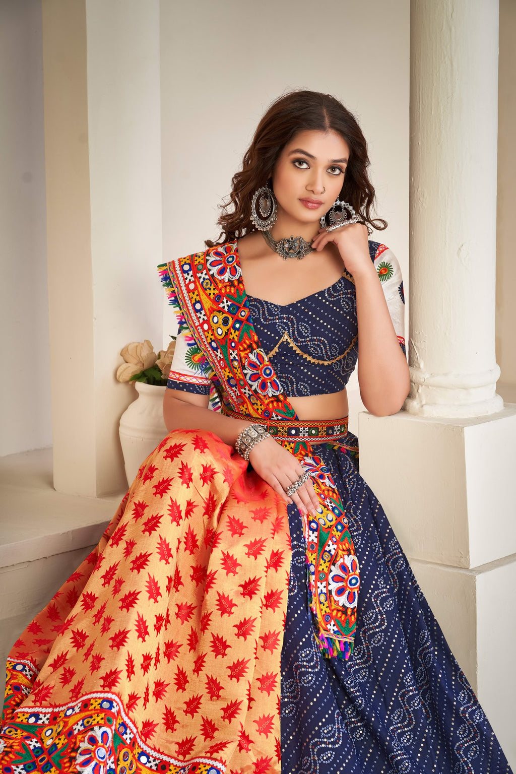 Women's Blue Cotton silk,wovwn silk Traditional Kutchi Embroidery with Mirror Work Semi Stitched Lehenga Choli With Dupatta (Nav_07_Blue)
