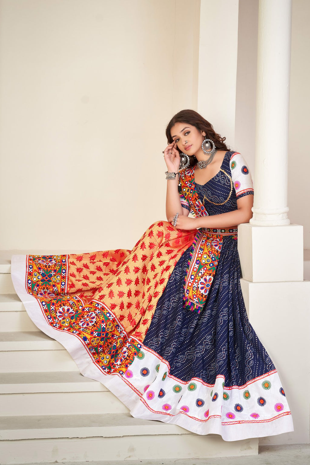 Women's Blue Cotton silk,wovwn silk Traditional Kutchi Embroidery with Mirror Work Semi Stitched Lehenga Choli With Dupatta (Nav_07_Blue)