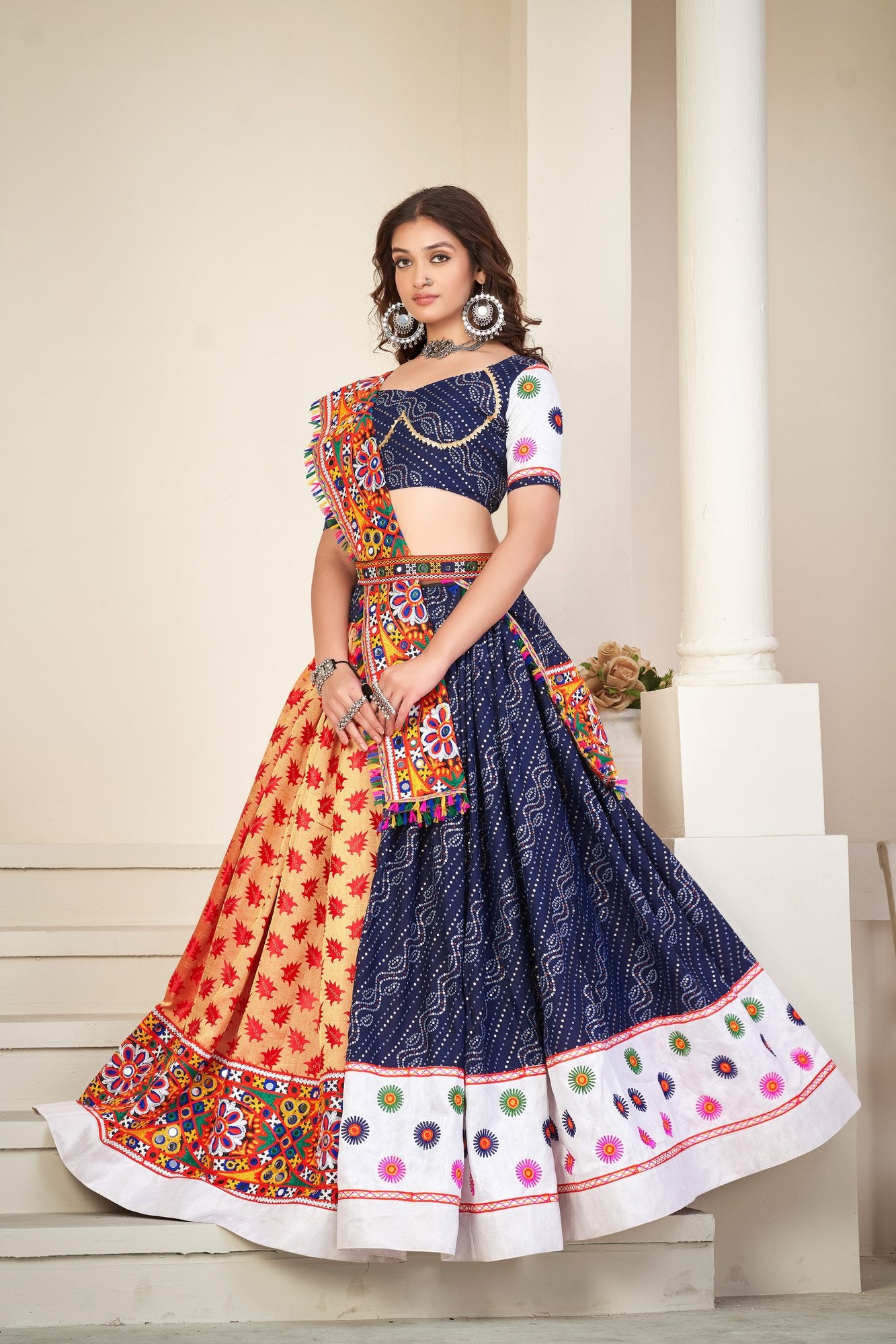Women's Blue Cotton silk,wovwn silk Traditional Kutchi Embroidery with Mirror Work Semi Stitched Lehenga Choli With Dupatta (Nav_07_Blue)