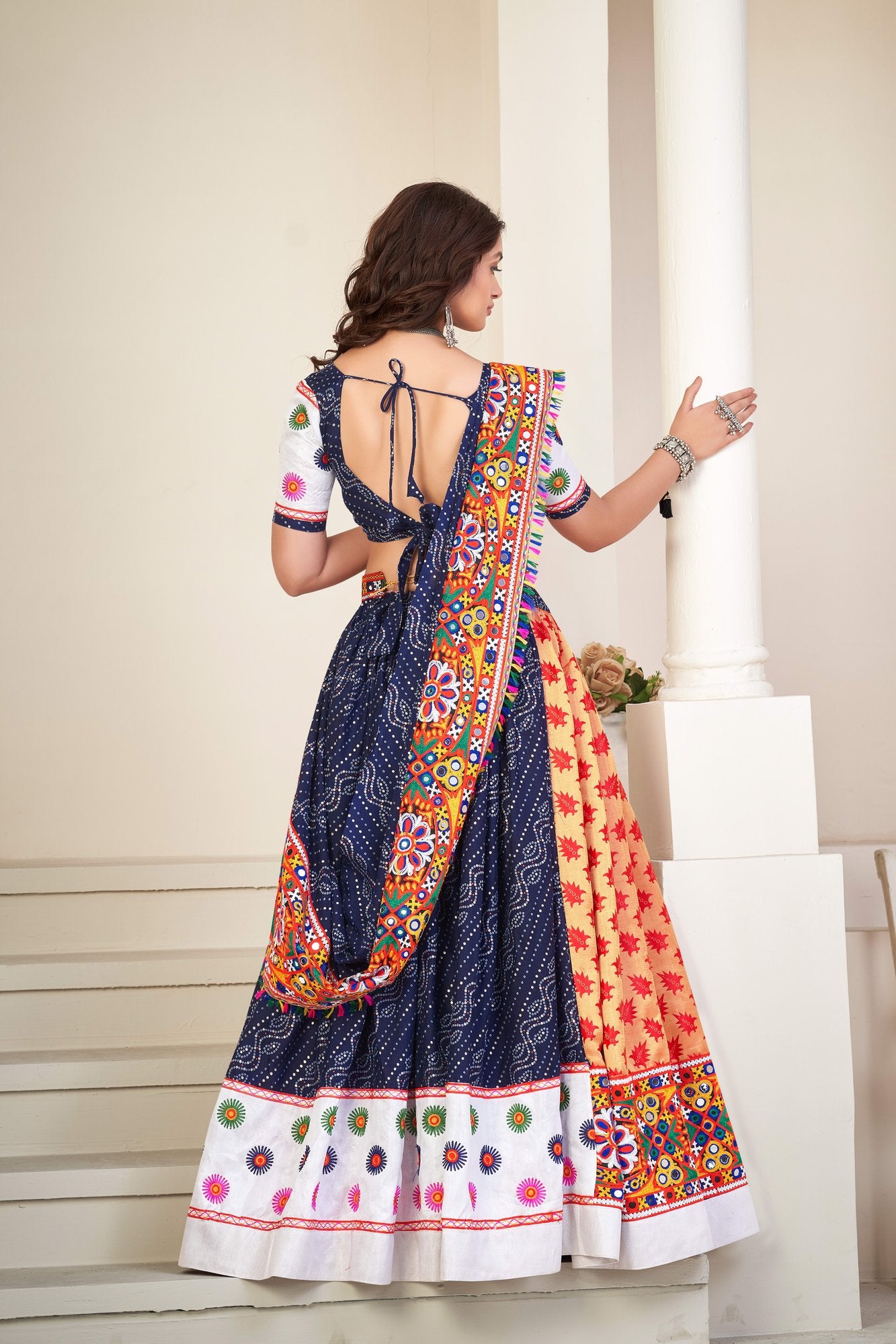 Women's Blue Cotton silk,wovwn silk Traditional Kutchi Embroidery with Mirror Work Semi Stitched Lehenga Choli With Dupatta (Nav_07_Blue)