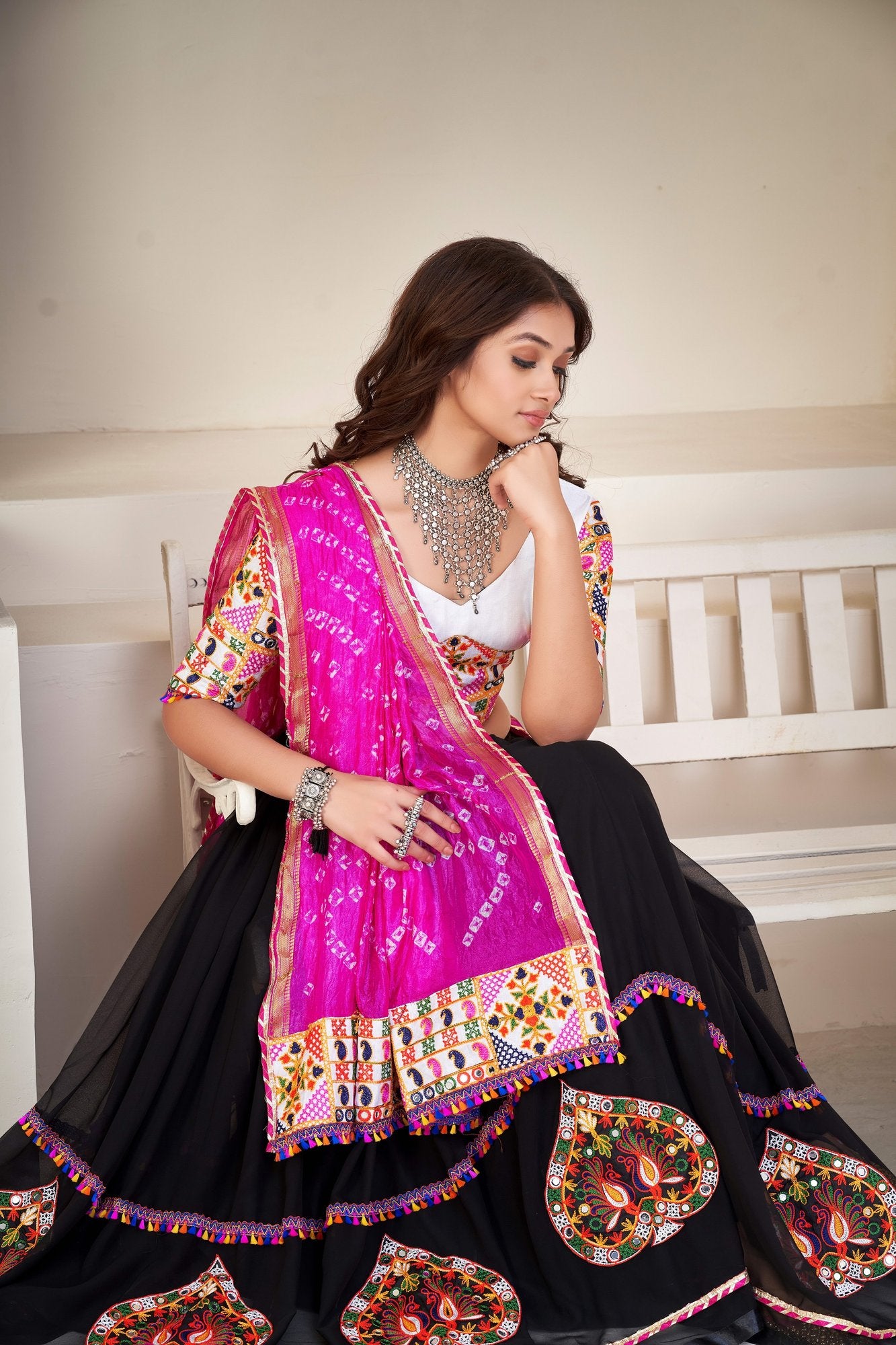 Women's Black Georgette Traditional Kutchi Embroidery with Mirror Work Semi Stitched Lehenga Choli With Dupatta (Nav_08_Black)