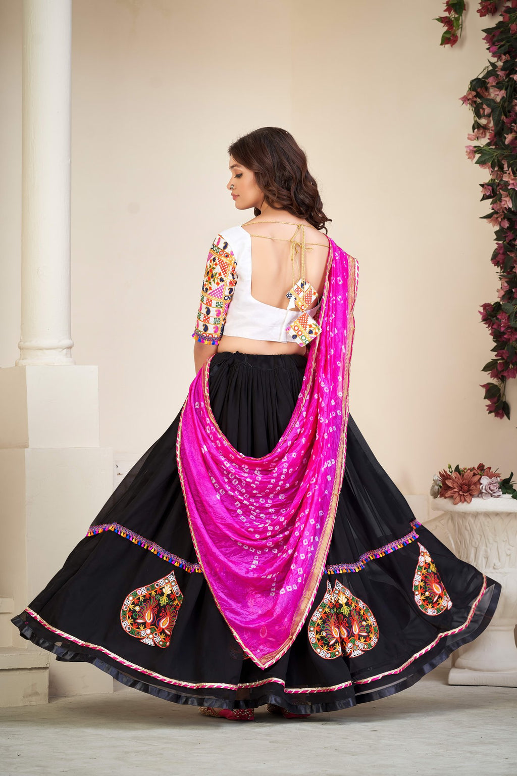 Women's Black Georgette Traditional Kutchi Embroidery with Mirror Work Semi Stitched Lehenga Choli With Dupatta (Nav_08_Black)