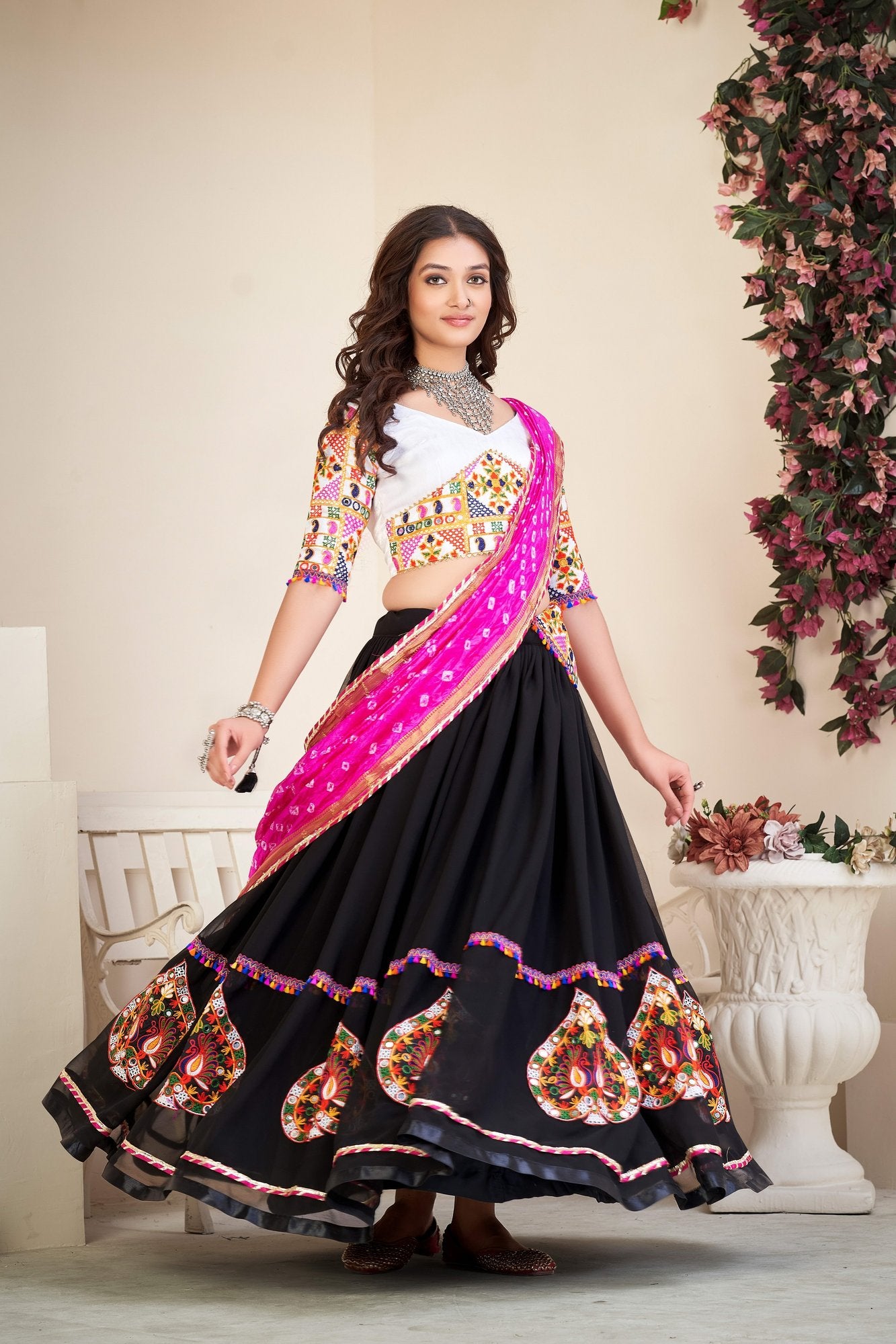 Women's Black Georgette Traditional Kutchi Embroidery with Mirror Work Semi Stitched Lehenga Choli With Dupatta (Nav_08_Black)