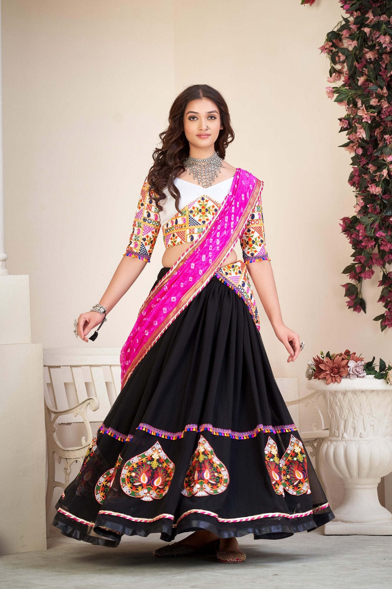 Women's Black Georgette Traditional Kutchi Embroidery with Mirror Work Semi Stitched Lehenga Choli With Dupatta (Nav_08_Black)