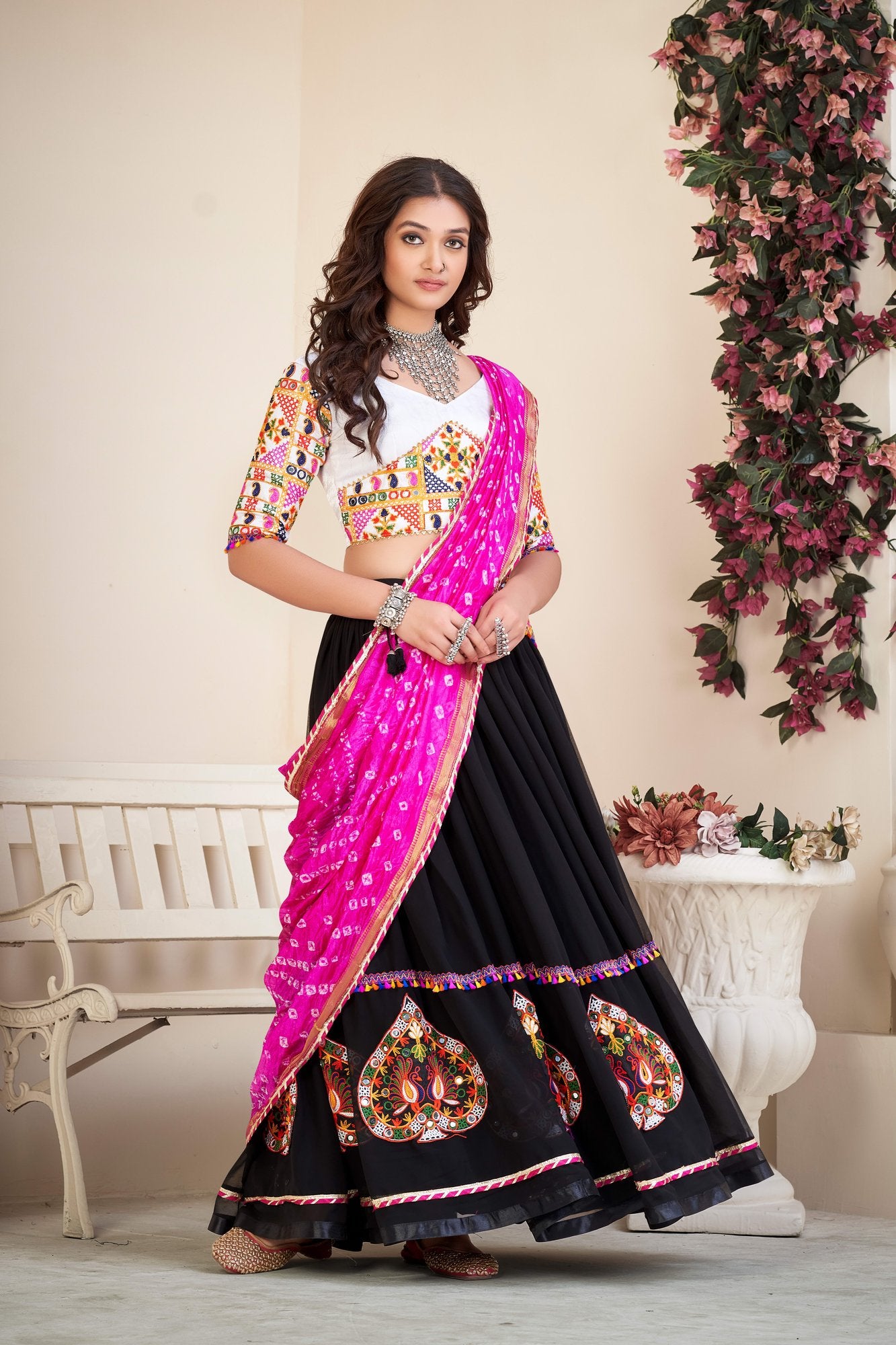 Women's Black Georgette Traditional Kutchi Embroidery with Mirror Work Semi Stitched Lehenga Choli With Dupatta (Nav_08_Black)