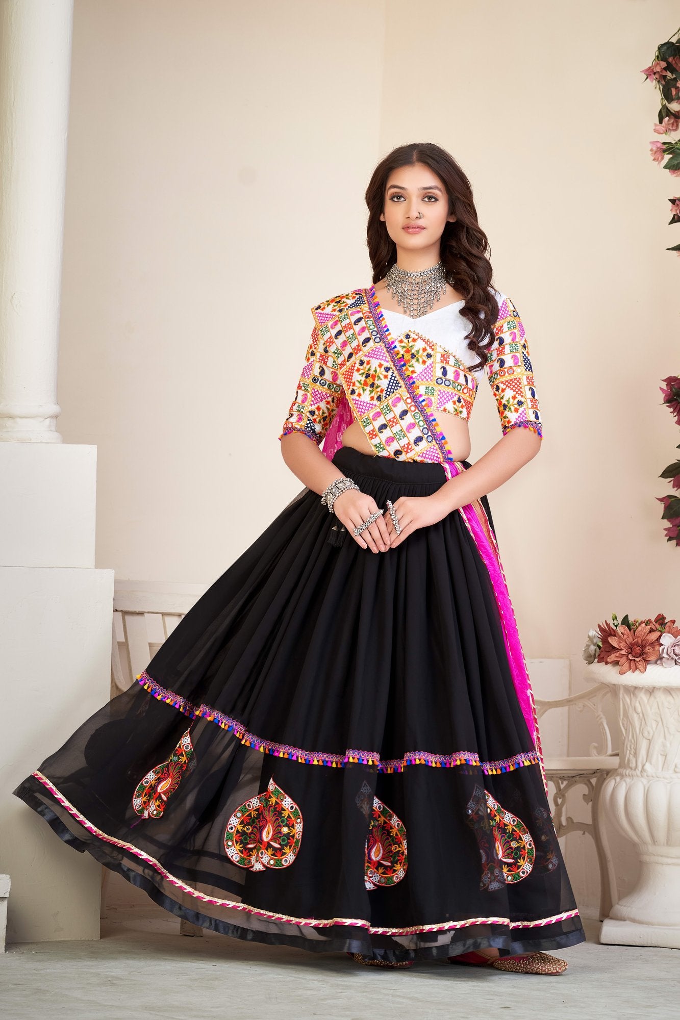 Women's Black Georgette Traditional Kutchi Embroidery with Mirror Work Semi Stitched Lehenga Choli With Dupatta (Nav_08_Black)