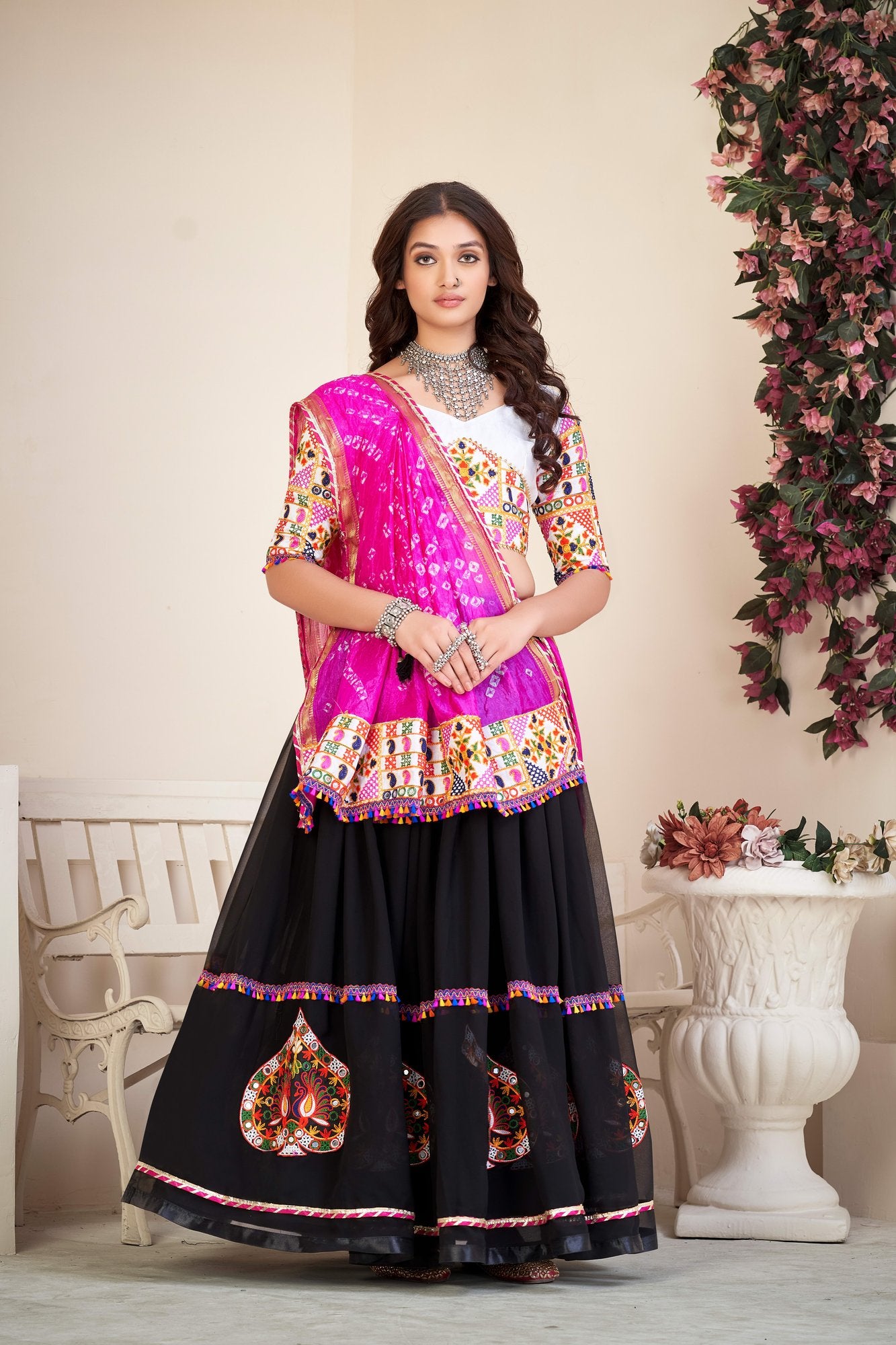 Women's Black Georgette Traditional Kutchi Embroidery with Mirror Work Semi Stitched Lehenga Choli With Dupatta (Nav_08_Black)