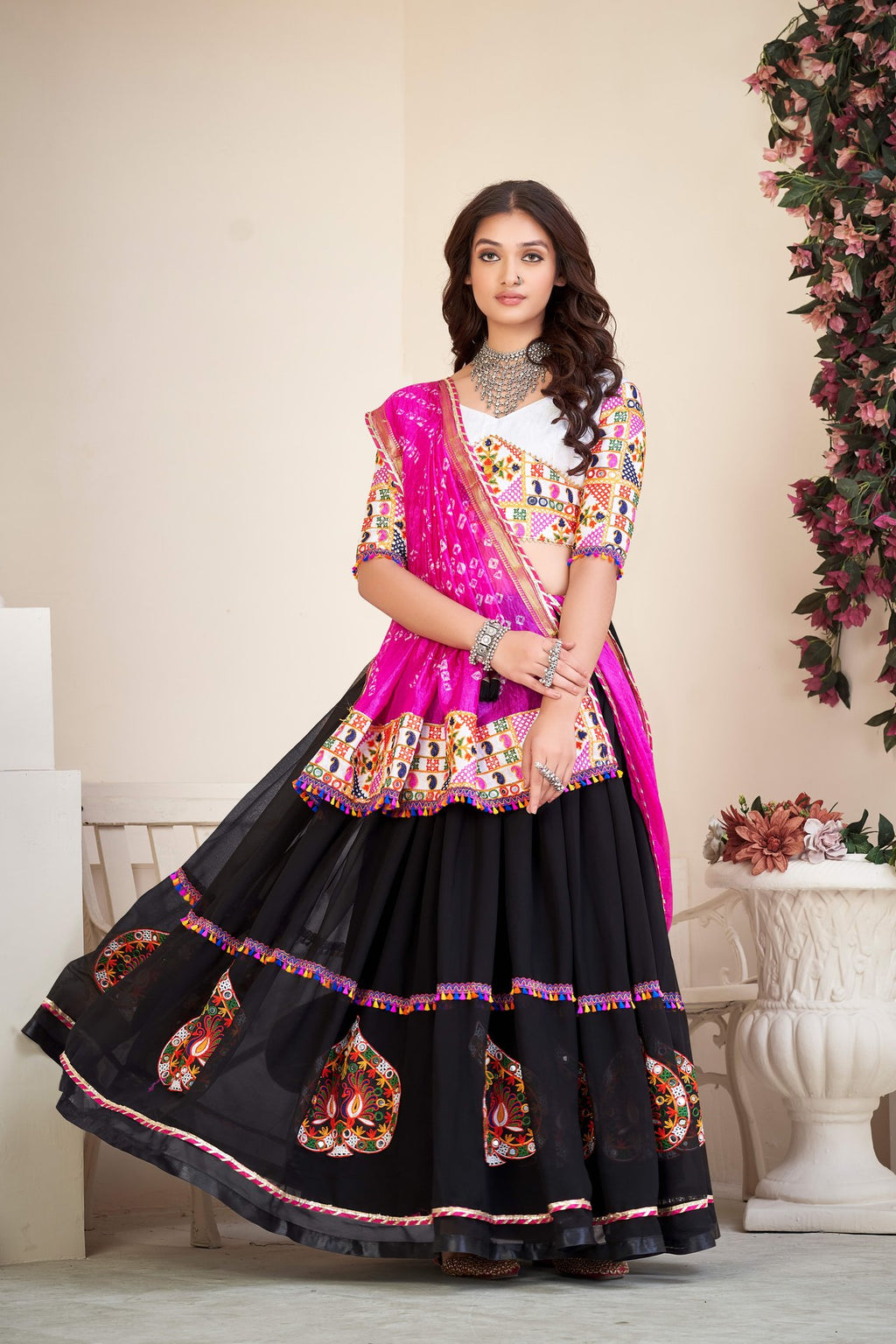Women's Black Georgette Traditional Kutchi Embroidery with Mirror Work Semi Stitched Lehenga Choli With Dupatta (Nav_08_Black)