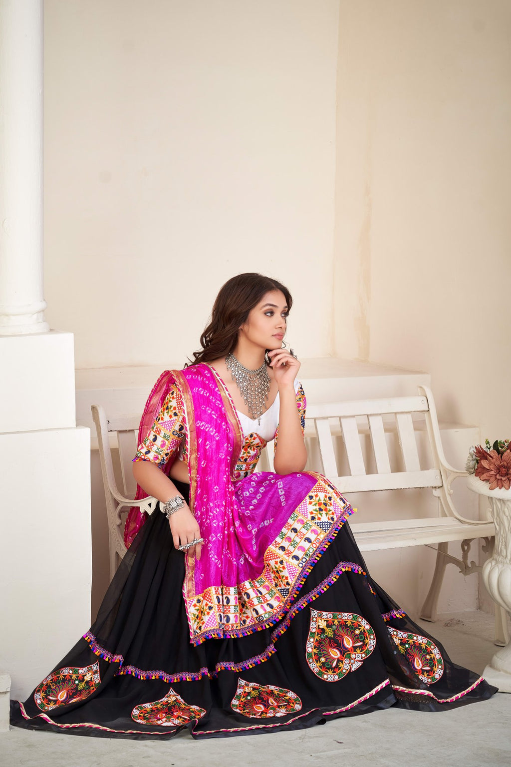 Women's Black Georgette Traditional Kutchi Embroidery with Mirror Work Semi Stitched Lehenga Choli With Dupatta (Nav_08_Black)