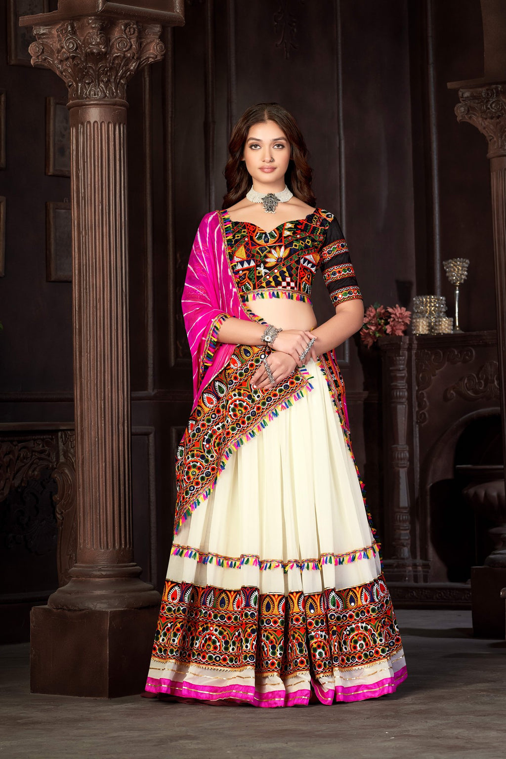 Women's Off White Georgette Traditional Kutchi Embroidery with Mirror Work Semi Stitched Lehenga Choli With Dupatta (Nav_09_OffWhite)