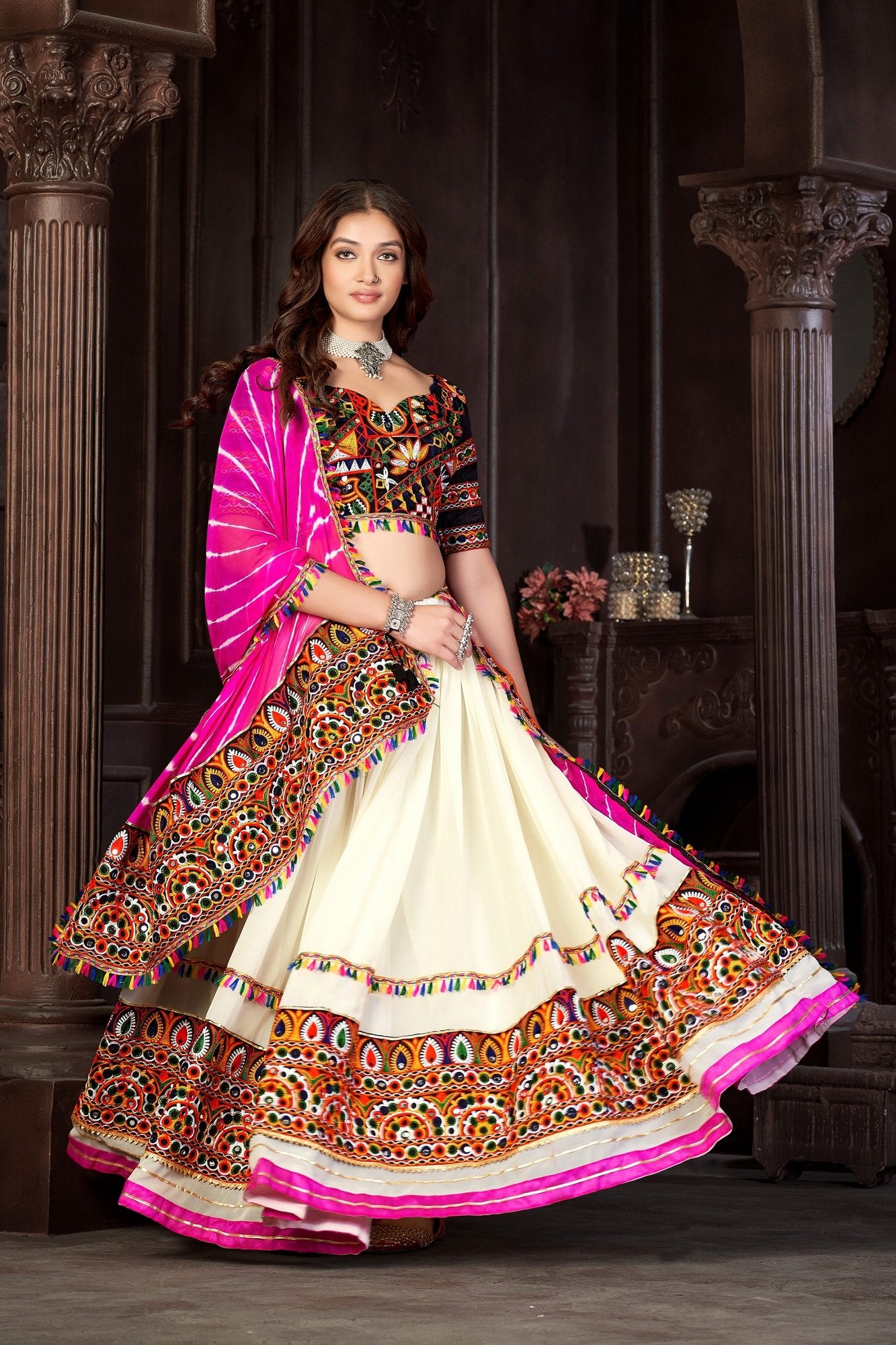 Women's Off White Georgette Traditional Kutchi Embroidery with Mirror Work Semi Stitched Lehenga Choli With Dupatta (Nav_09_OffWhite)