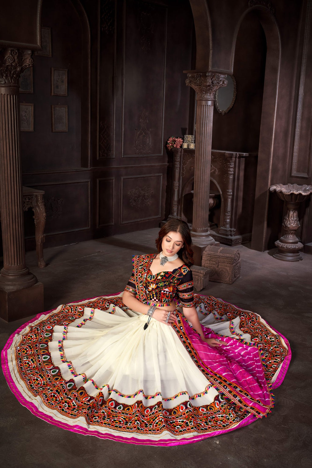 Women's Off White Georgette Traditional Kutchi Embroidery with Mirror Work Semi Stitched Lehenga Choli With Dupatta (Nav_09_OffWhite)