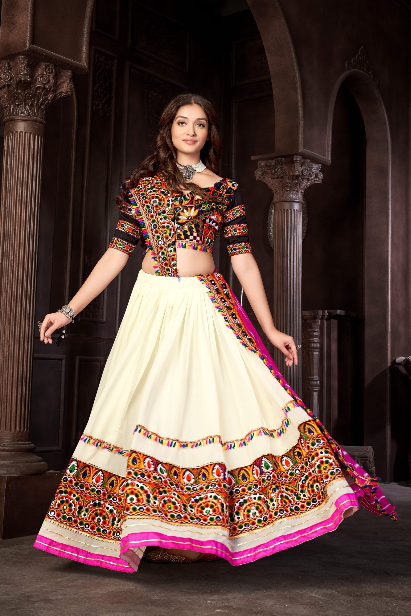 Women's Off White Georgette Traditional Kutchi Embroidery with Mirror Work Semi Stitched Lehenga Choli With Dupatta (Nav_09_OffWhite)