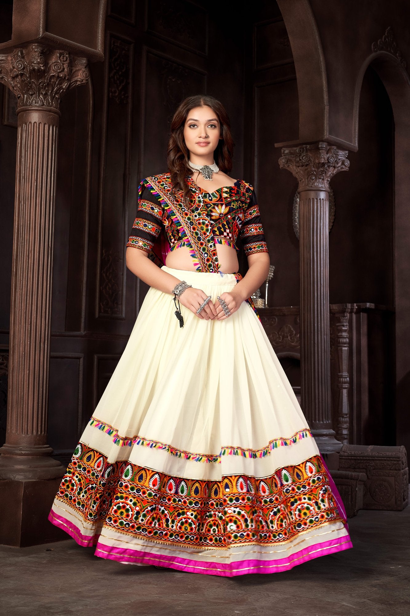 Women's Off White Georgette Traditional Kutchi Embroidery with Mirror Work Semi Stitched Lehenga Choli With Dupatta (Nav_09_OffWhite)