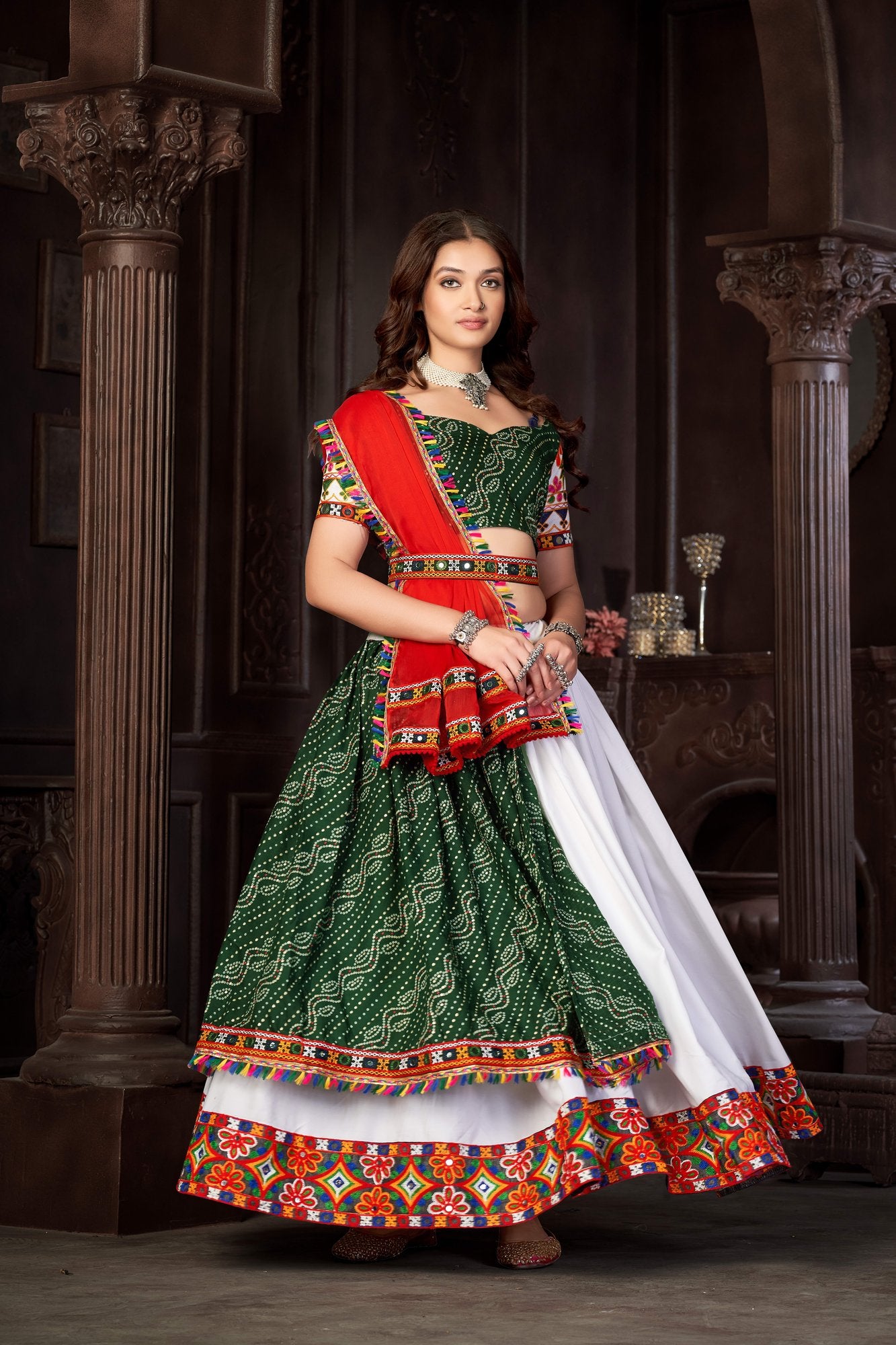 Women's White Crepe,Cotton Silk Traditional Kutchi Embroidery with Mirror Work Semi Stitched Lehenga Choli With Dupatta (Nav_10_White)