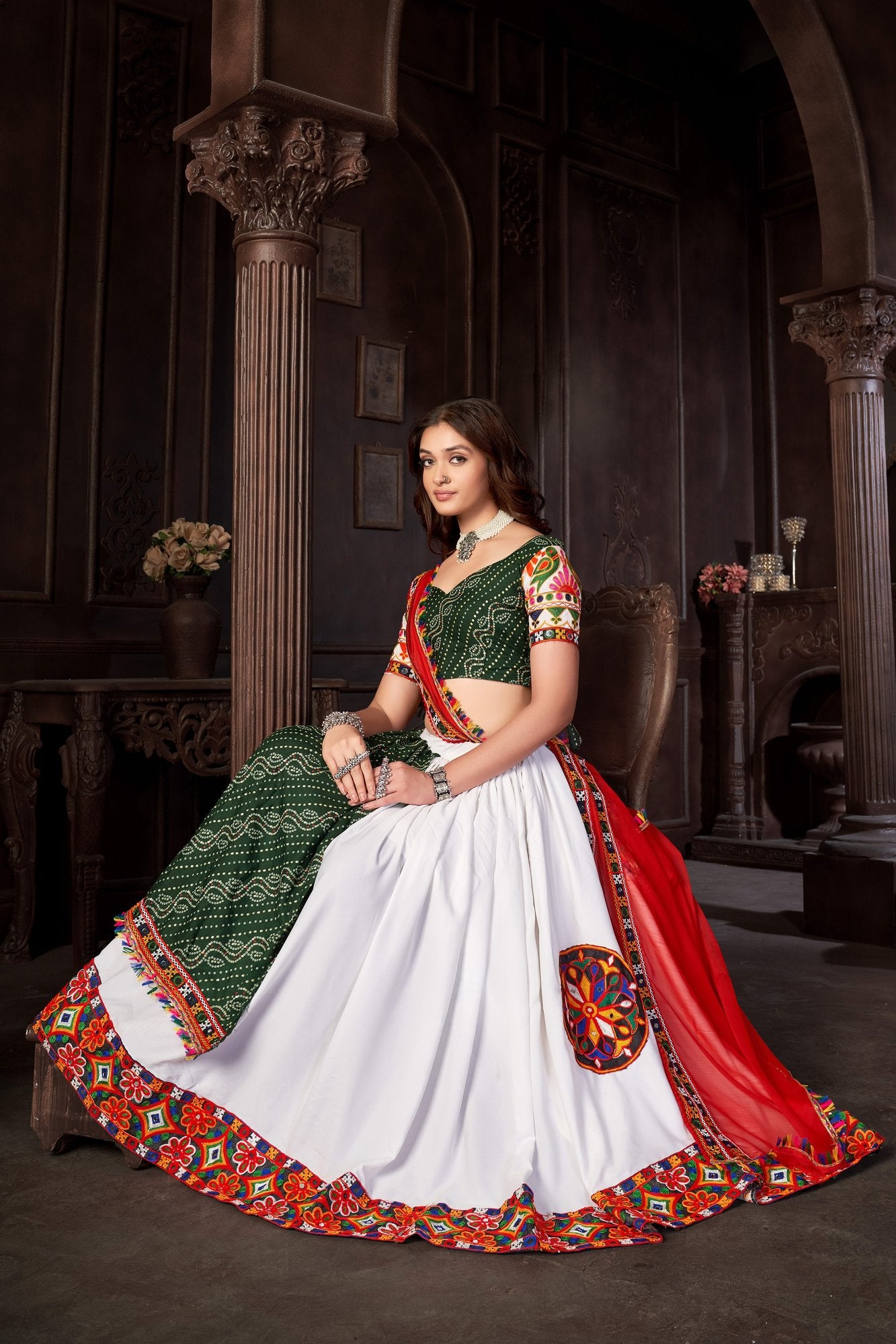 Women's White Crepe,Cotton Silk Traditional Kutchi Embroidery with Mirror Work Semi Stitched Lehenga Choli With Dupatta (Nav_10_White)