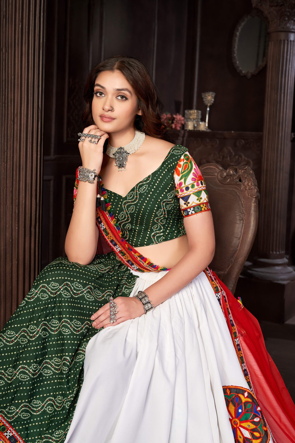 Women's White Crepe,Cotton Silk Traditional Kutchi Embroidery with Mirror Work Semi Stitched Lehenga Choli With Dupatta (Nav_10_White)