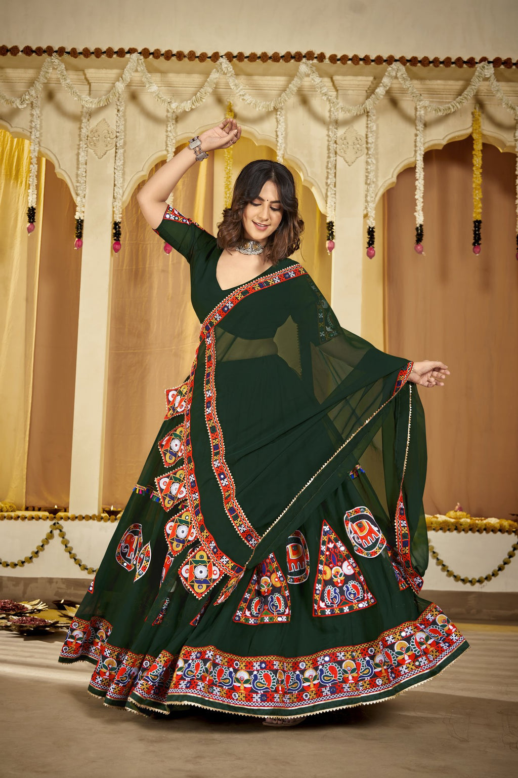 Women's Green Georgette Traditional Kutchi Embroidery with Mirror Work Semi Stitched Lehenga Choli With Dupatta (Nav_11_Green)