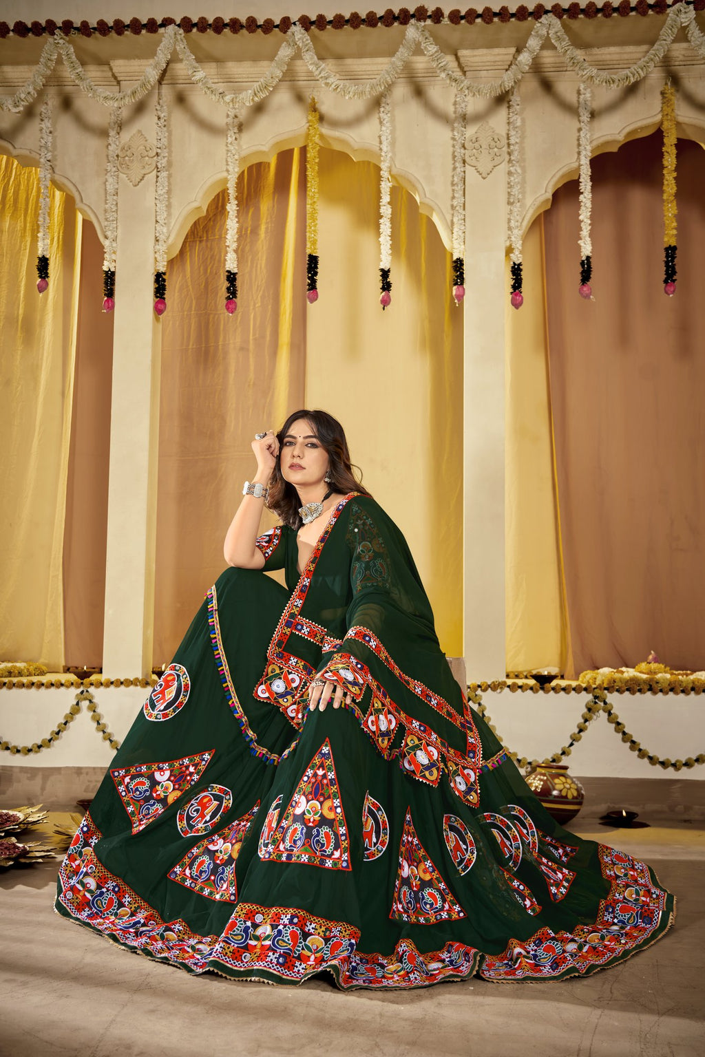 Women's Green Georgette Traditional Kutchi Embroidery with Mirror Work Semi Stitched Lehenga Choli With Dupatta (Nav_11_Green)