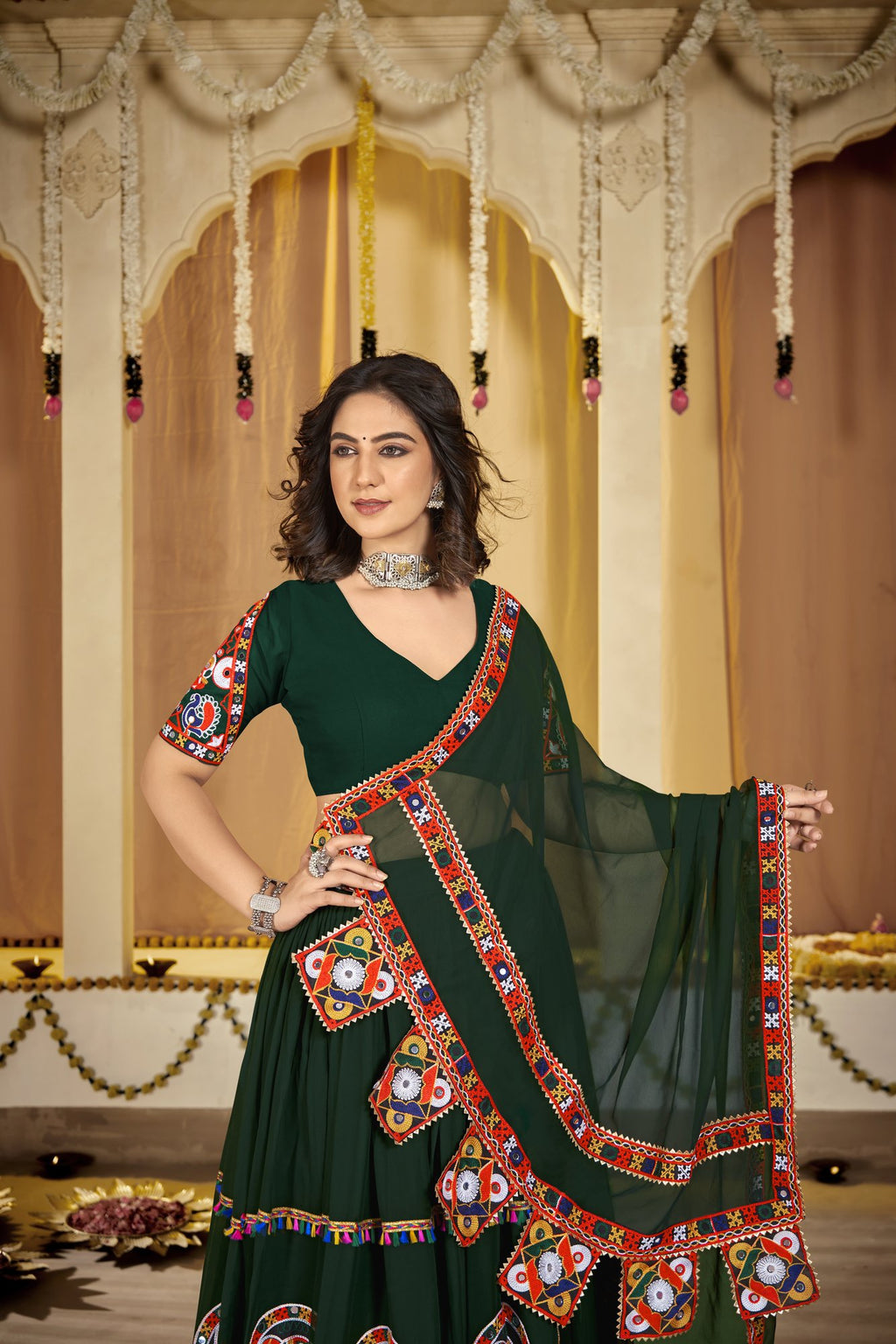 Women's Green Georgette Traditional Kutchi Embroidery with Mirror Work Semi Stitched Lehenga Choli With Dupatta (Nav_11_Green)