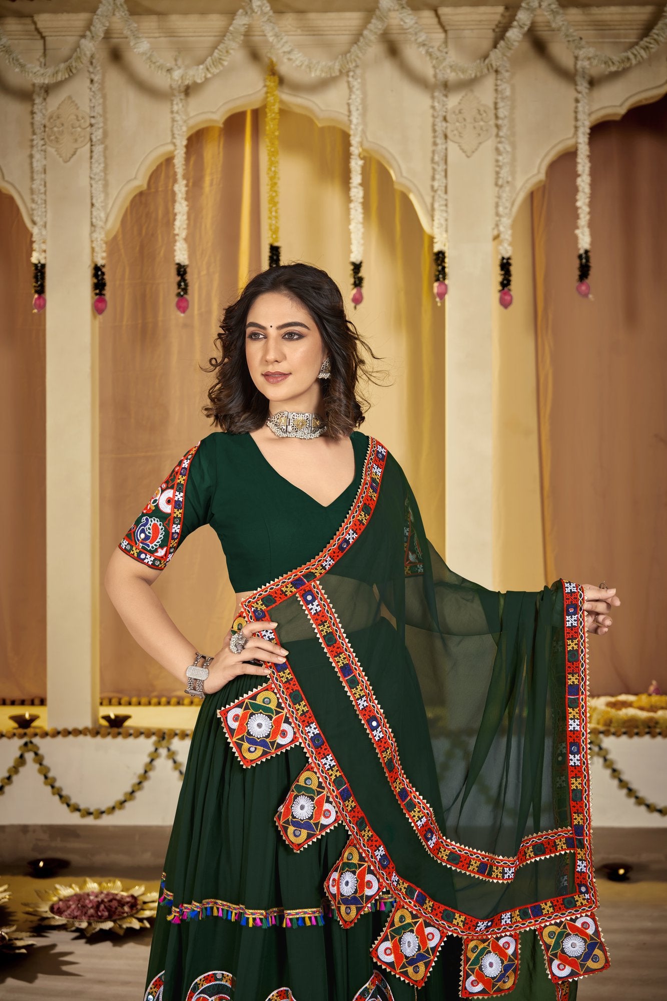 Women's Green Georgette Traditional Kutchi Embroidery with Mirror Work Semi Stitched Lehenga Choli With Dupatta (Nav_11_Green)