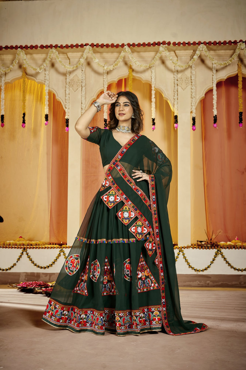 Women's Green Georgette Traditional Kutchi Embroidery with Mirror Work Semi Stitched Lehenga Choli With Dupatta (Nav_11_Green)