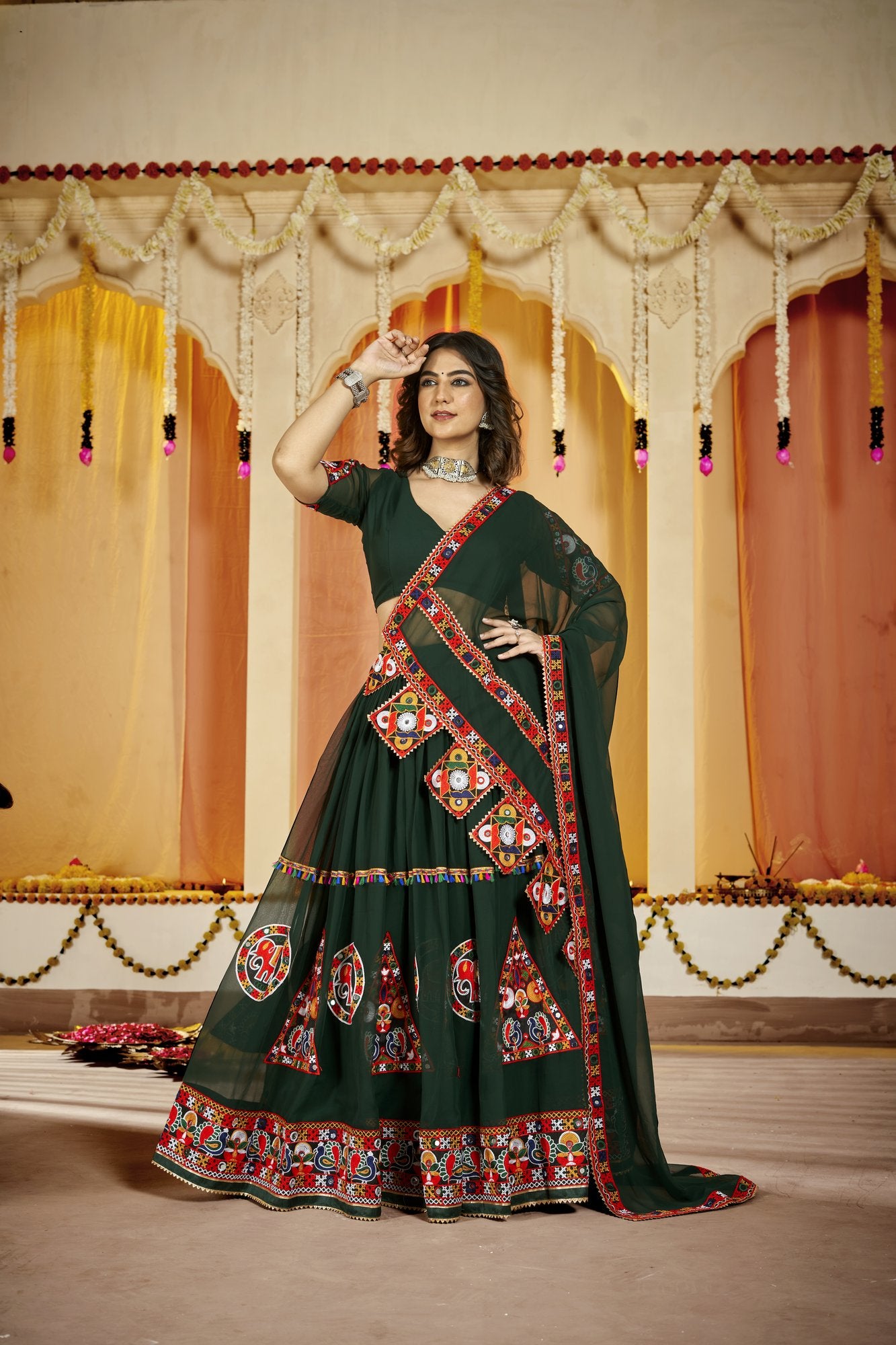 Women's Green Georgette Traditional Kutchi Embroidery with Mirror Work Semi Stitched Lehenga Choli With Dupatta (Nav_11_Green)