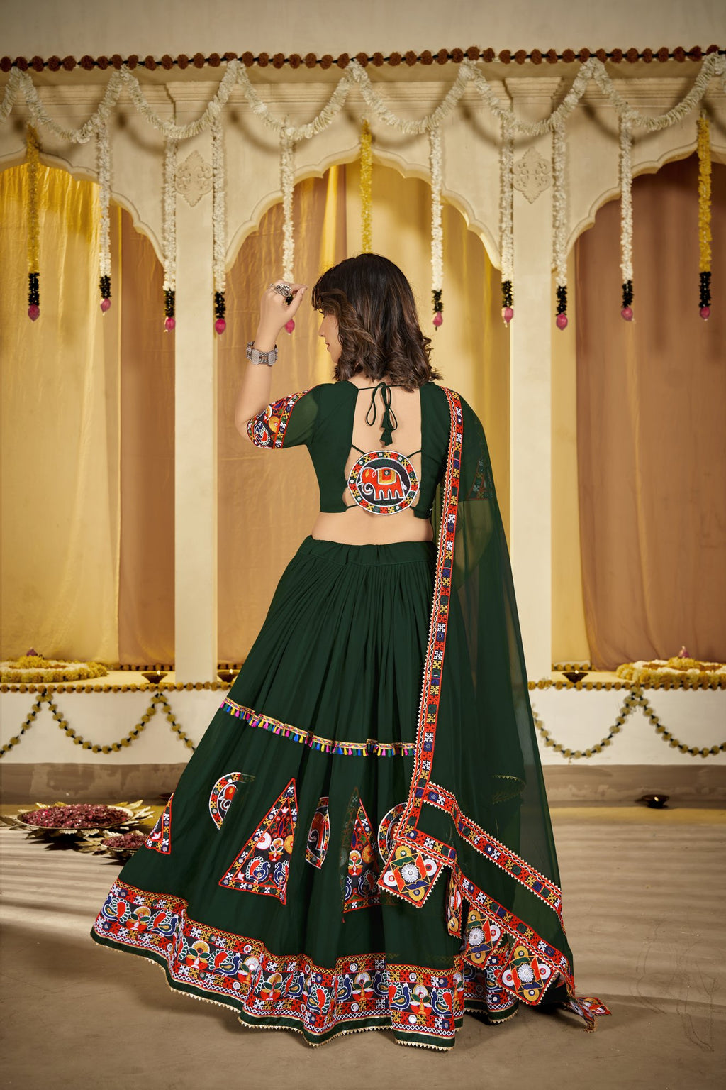 Women's Green Georgette Traditional Kutchi Embroidery with Mirror Work Semi Stitched Lehenga Choli With Dupatta (Nav_11_Green)