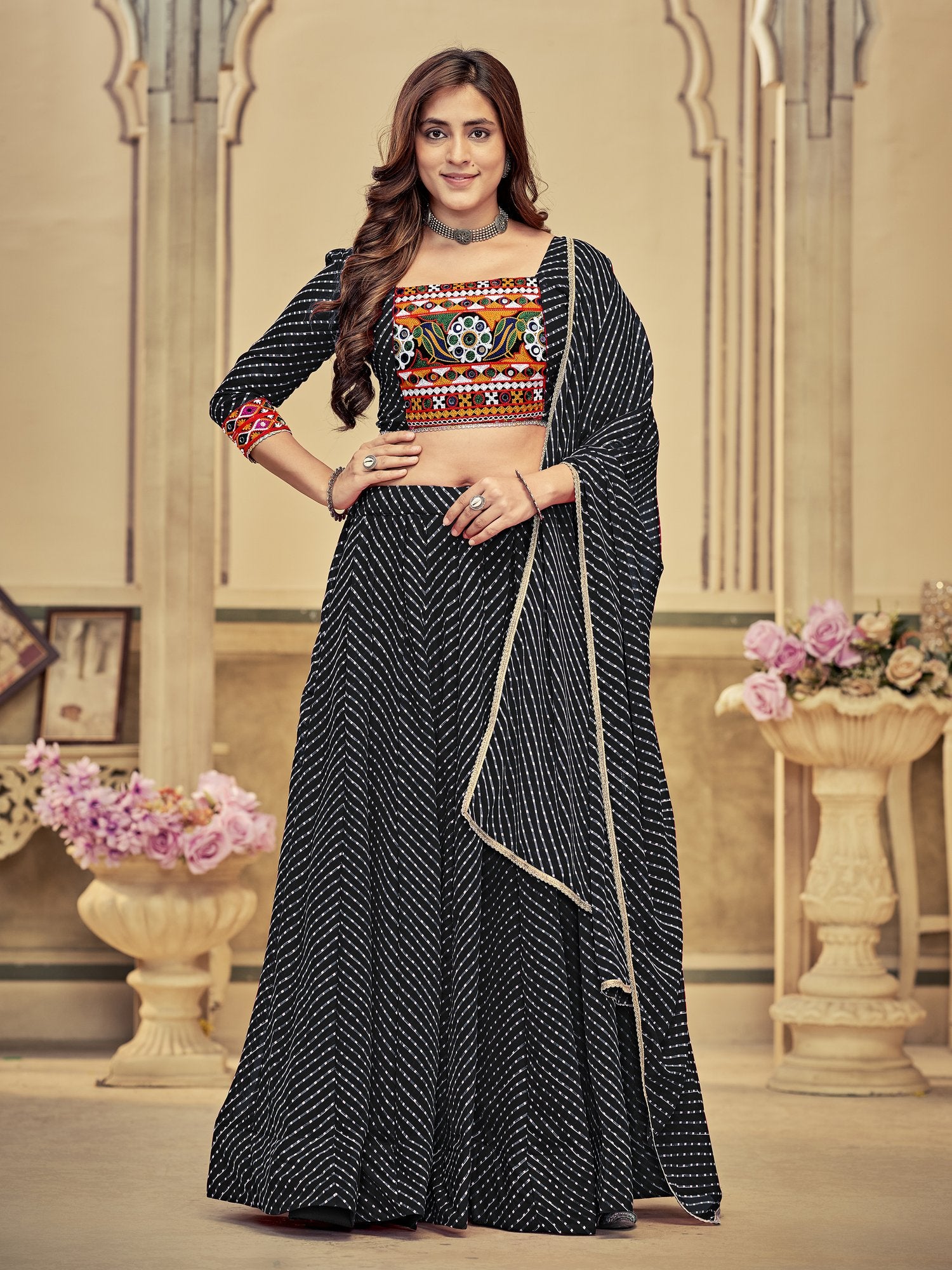 Women's Black Georgette Embroidery and Printed Semi Stitched Lehenga Choli With Dupatta (Nav_12_Black)