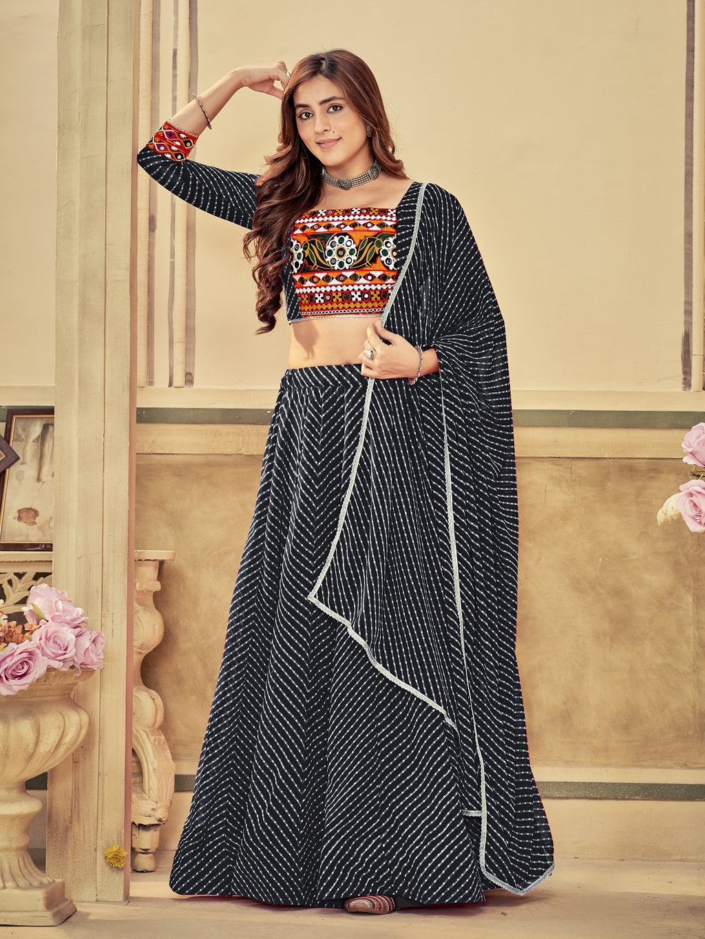 Women's Black Georgette Embroidery and Printed Semi Stitched Lehenga Choli With Dupatta (Nav_12_Black)