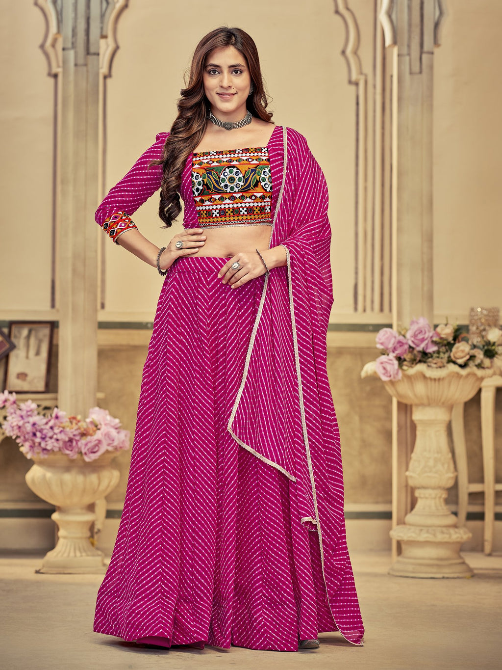 Women's Pink Georgette Embroidery and Printed Semi Stitched Lehenga Choli With Dupatta (Nav_12_Pink)