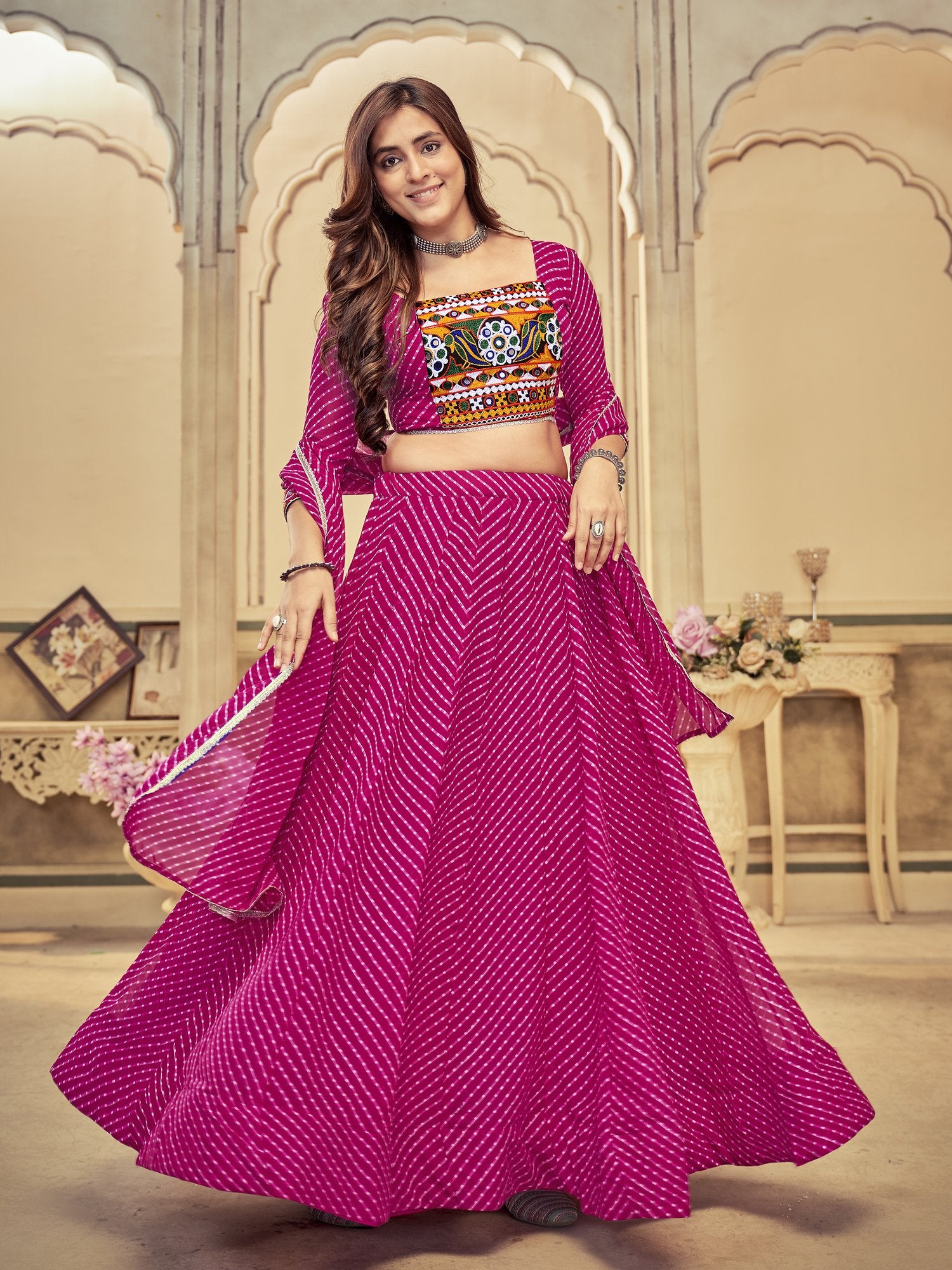 Women's Pink Georgette Embroidery and Printed Semi Stitched Lehenga Choli With Dupatta (Nav_12_Pink)