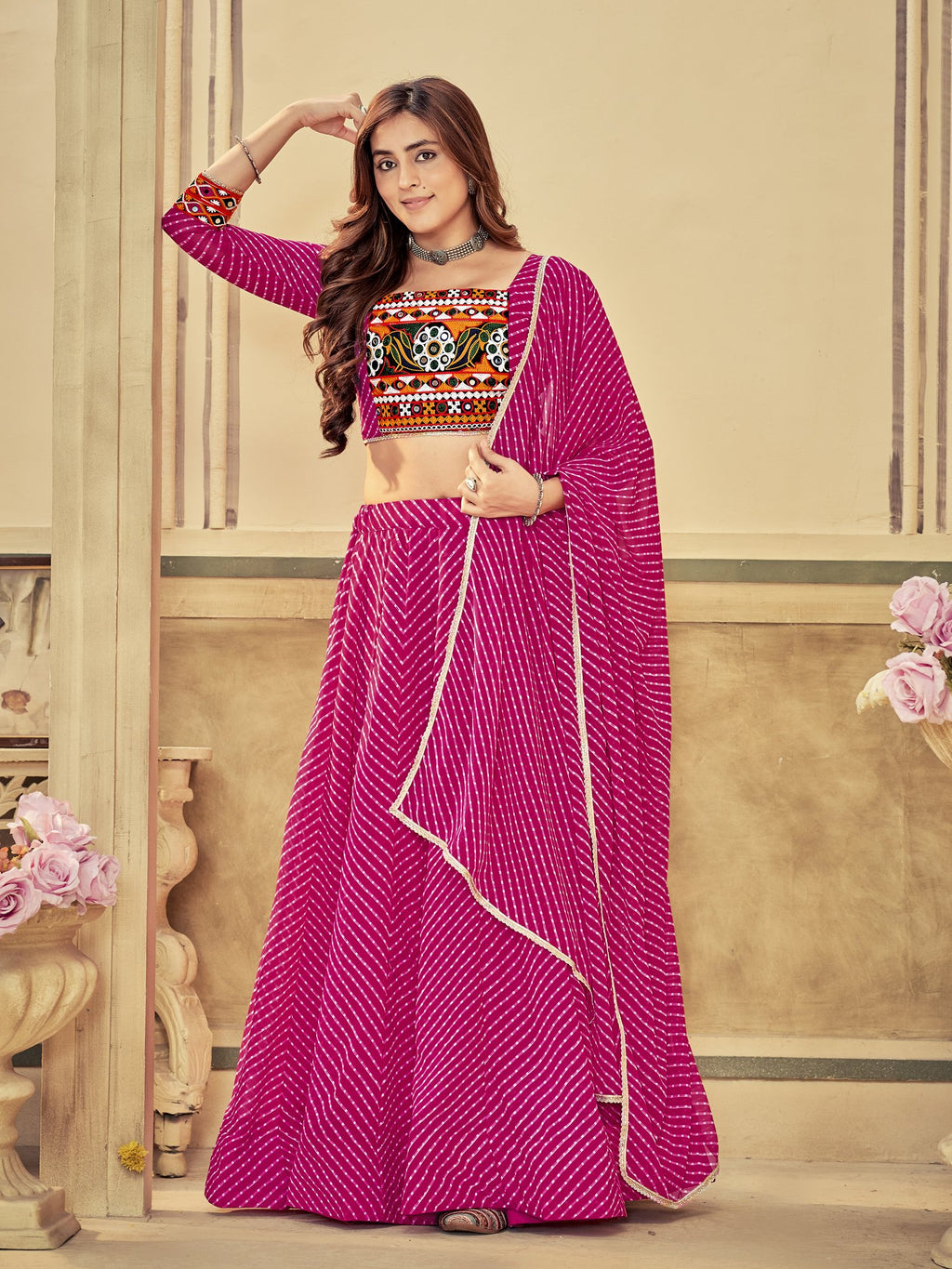 Women's Pink Georgette Embroidery and Printed Semi Stitched Lehenga Choli With Dupatta (Nav_12_Pink)