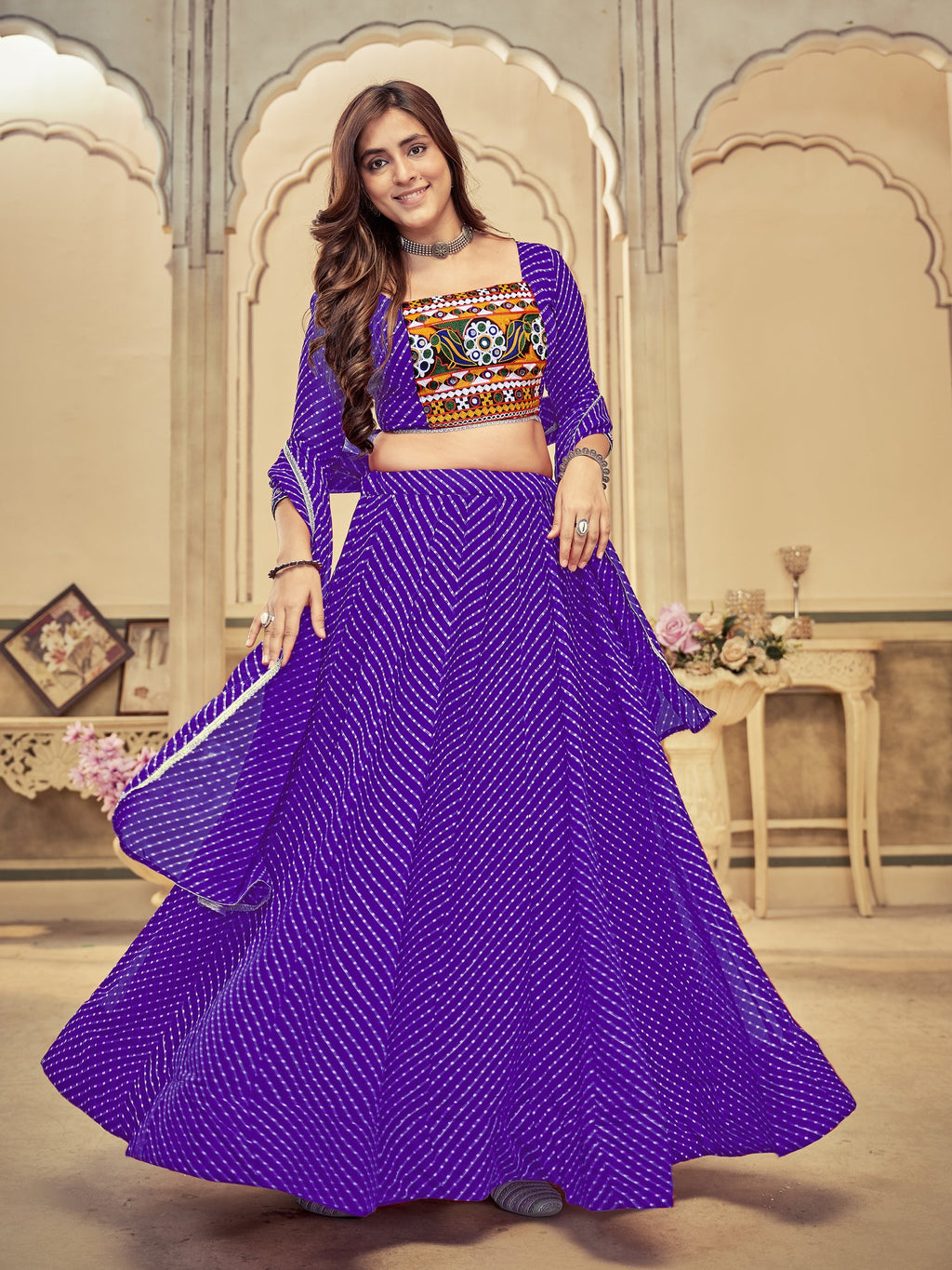 Women's Purple Georgette Embroidery and Printed Semi Stitched Lehenga Choli With Dupatta (Nav_12_Purple)