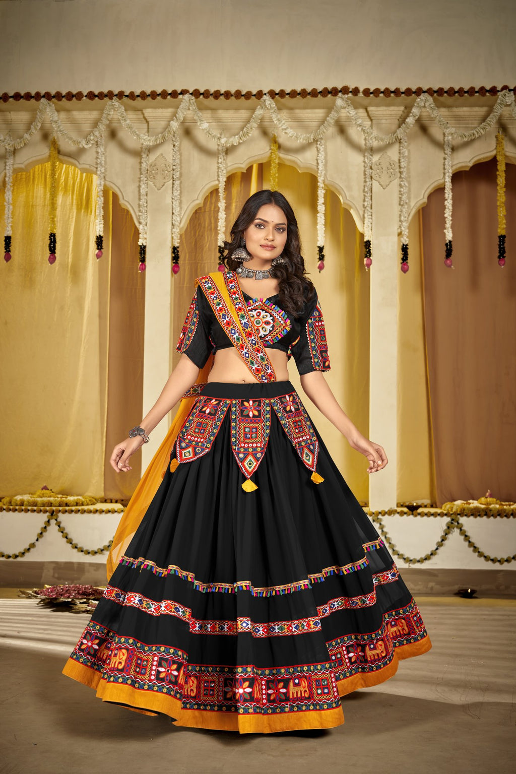 Women's Black Georgette Traditional Kutchi Embroidery with Mirror Work Semi Stitched Lehenga Choli With Dupatta (Nav_14_Black)