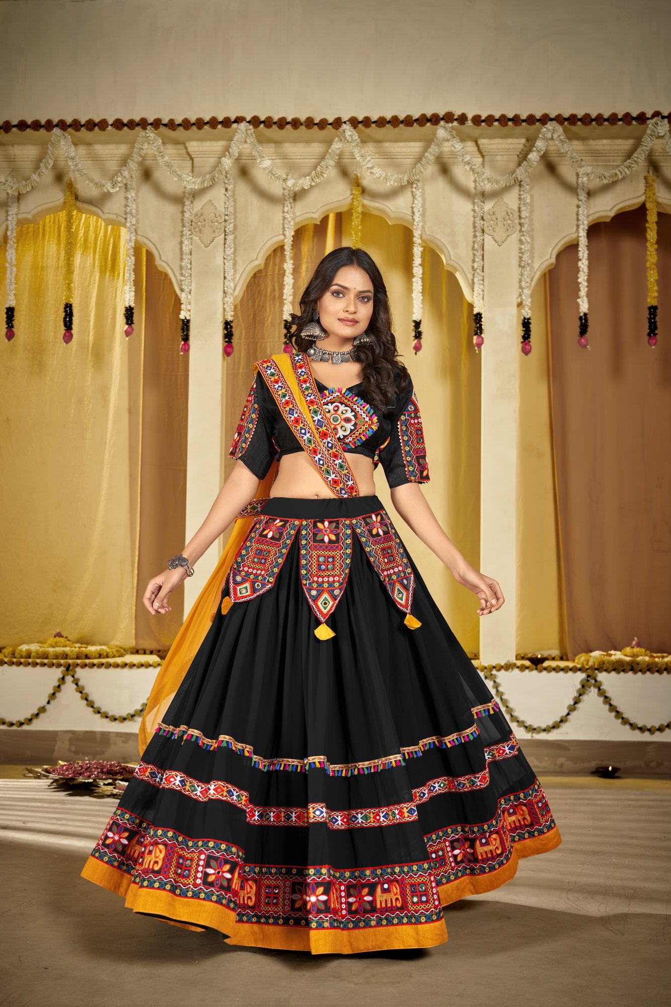 Women's Black Georgette Traditional Kutchi Embroidery with Mirror Work Semi Stitched Lehenga Choli With Dupatta (Nav_14_Black)