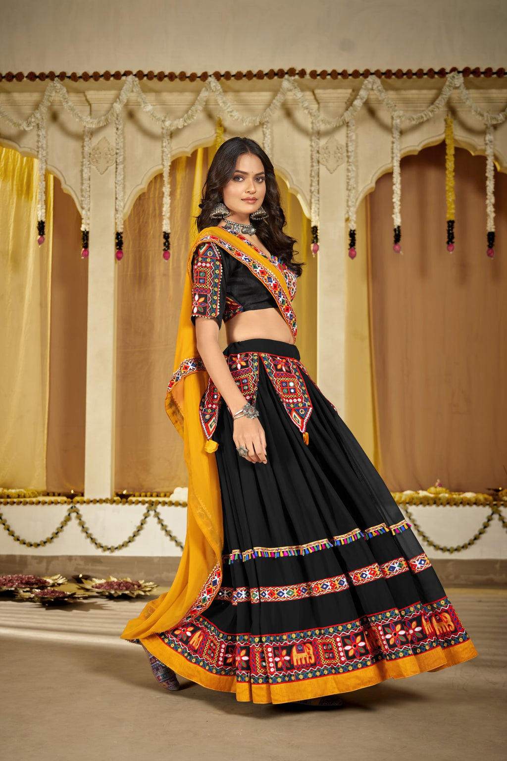 Women's Black Georgette Traditional Kutchi Embroidery with Mirror Work Semi Stitched Lehenga Choli With Dupatta (Nav_14_Black)