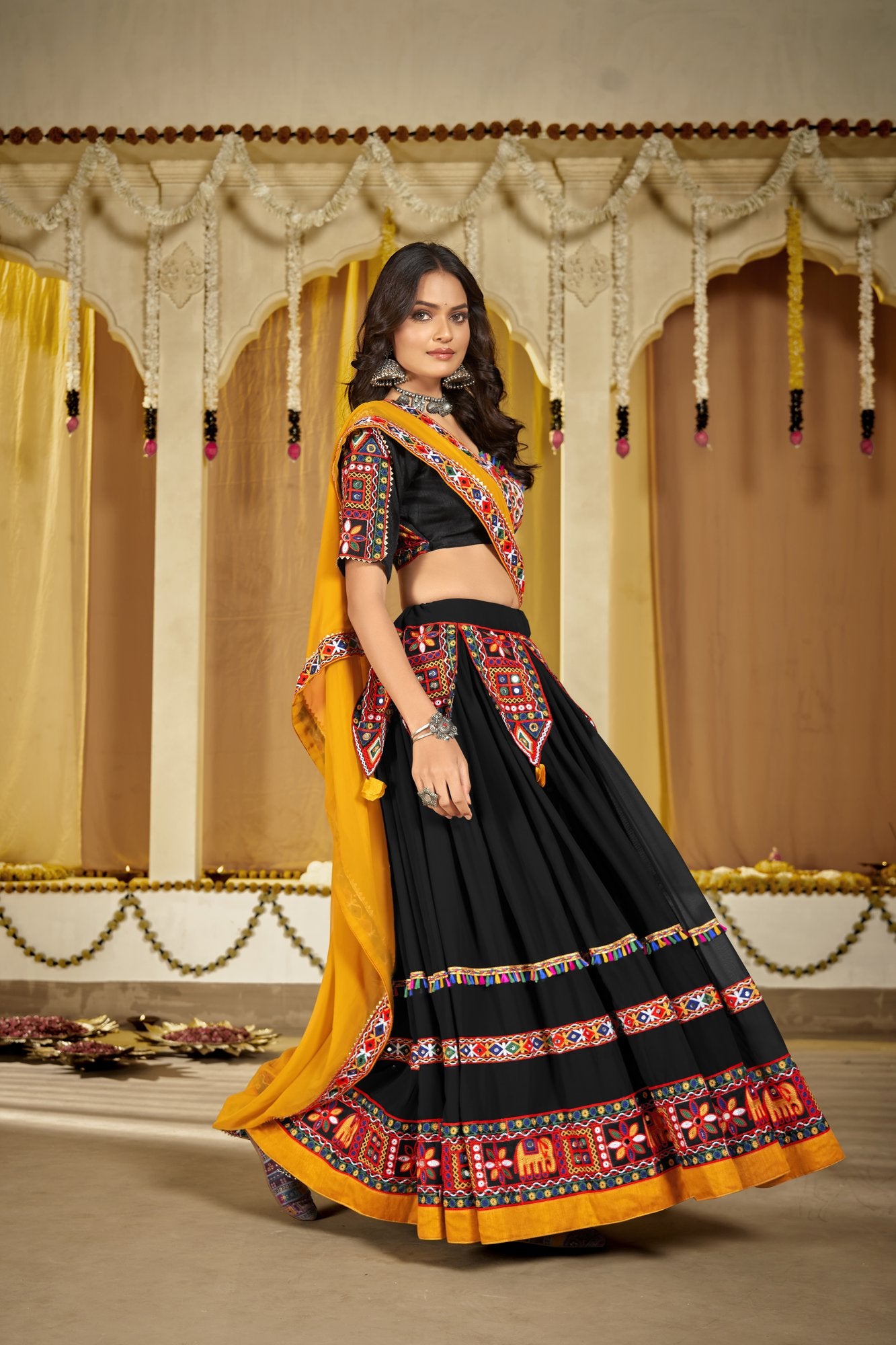 Women's Black Georgette Traditional Kutchi Embroidery with Mirror Work Semi Stitched Lehenga Choli With Dupatta (Nav_14_Black)
