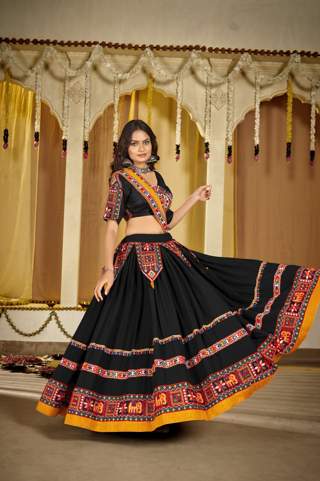 Women's Black Georgette Traditional Kutchi Embroidery with Mirror Work Semi Stitched Lehenga Choli With Dupatta (Nav_14_Black)