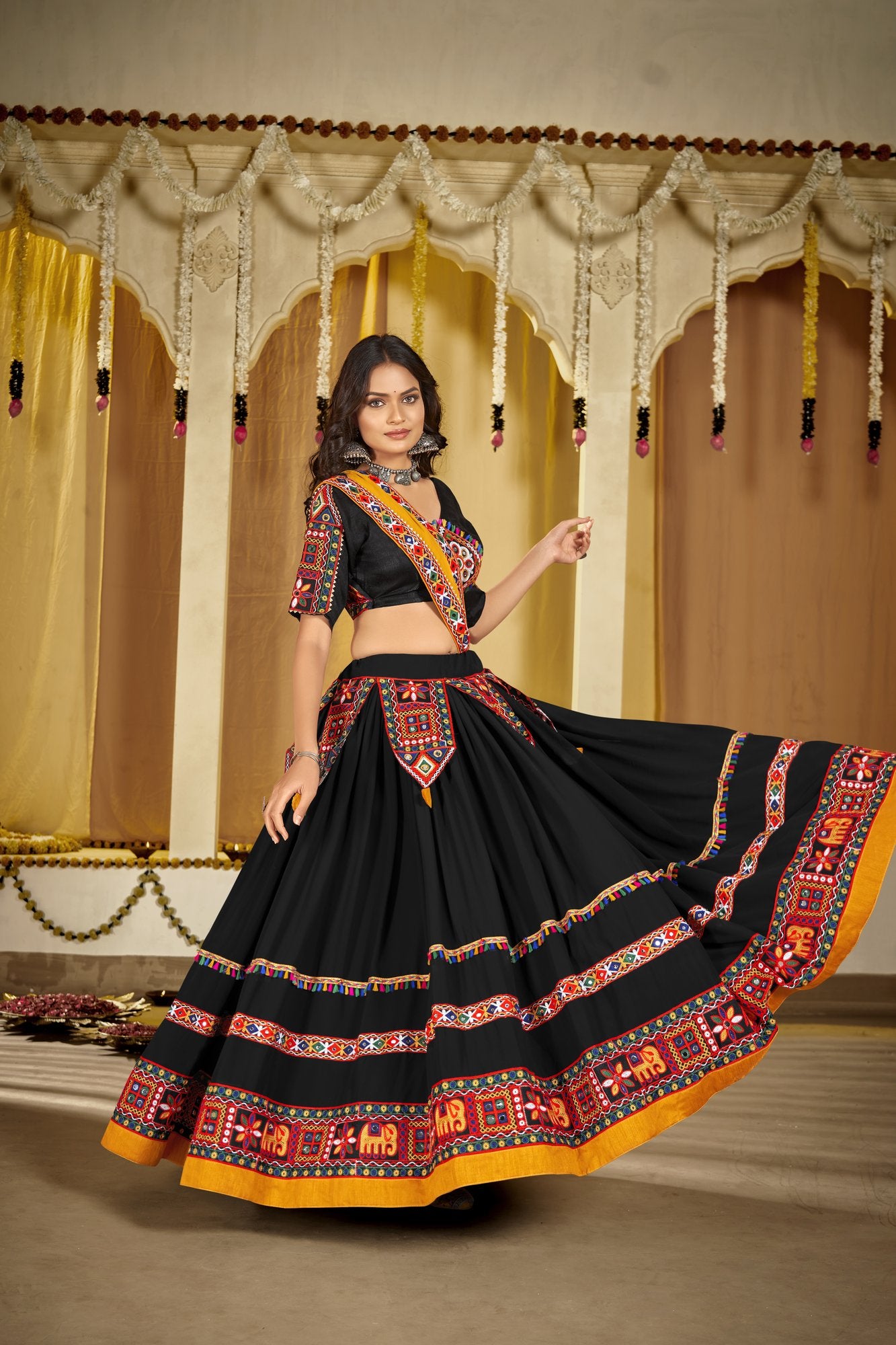 Women's Black Georgette Traditional Kutchi Embroidery with Mirror Work Semi Stitched Lehenga Choli With Dupatta (Nav_14_Black)