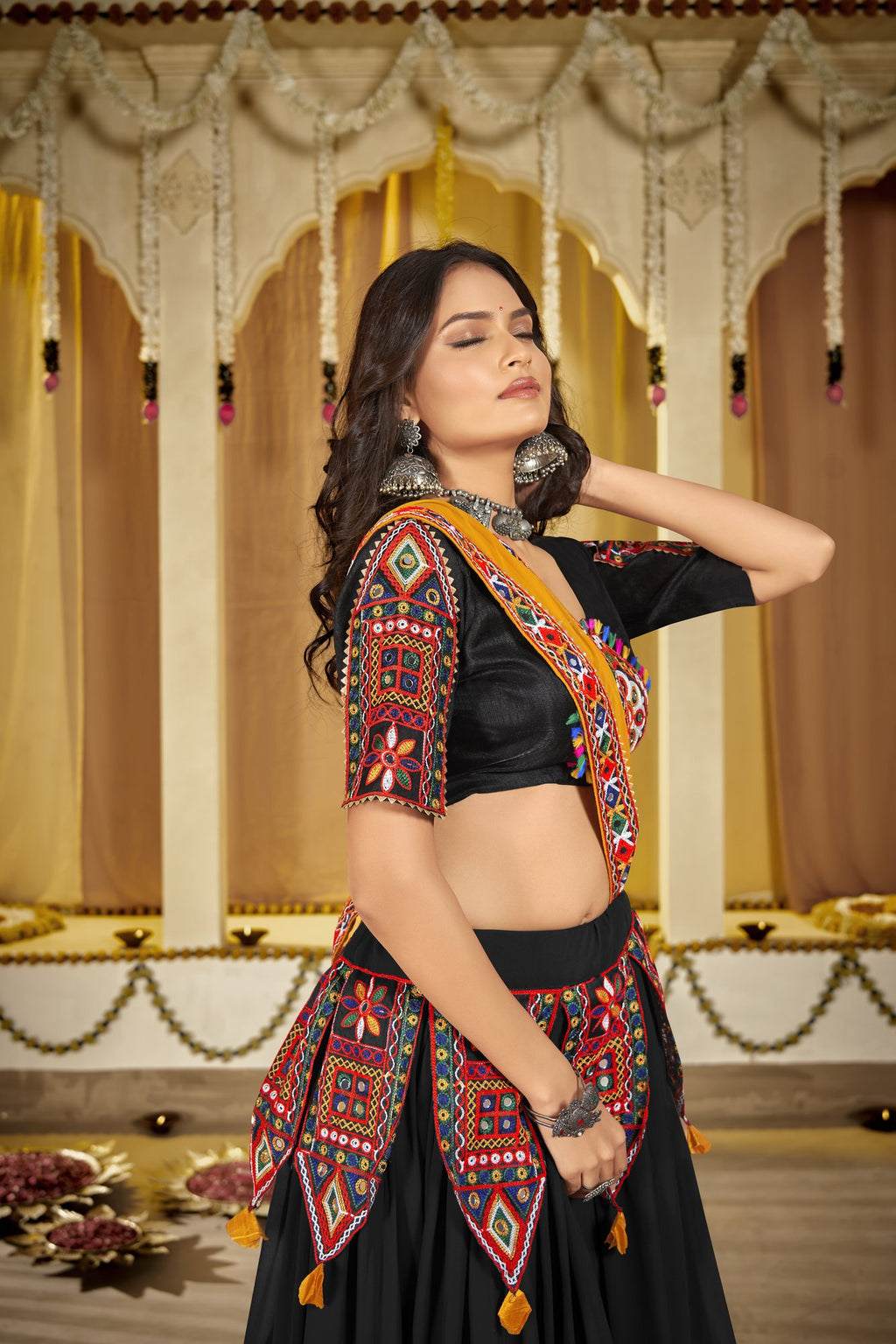 Women's Black Georgette Traditional Kutchi Embroidery with Mirror Work Semi Stitched Lehenga Choli With Dupatta (Nav_14_Black)
