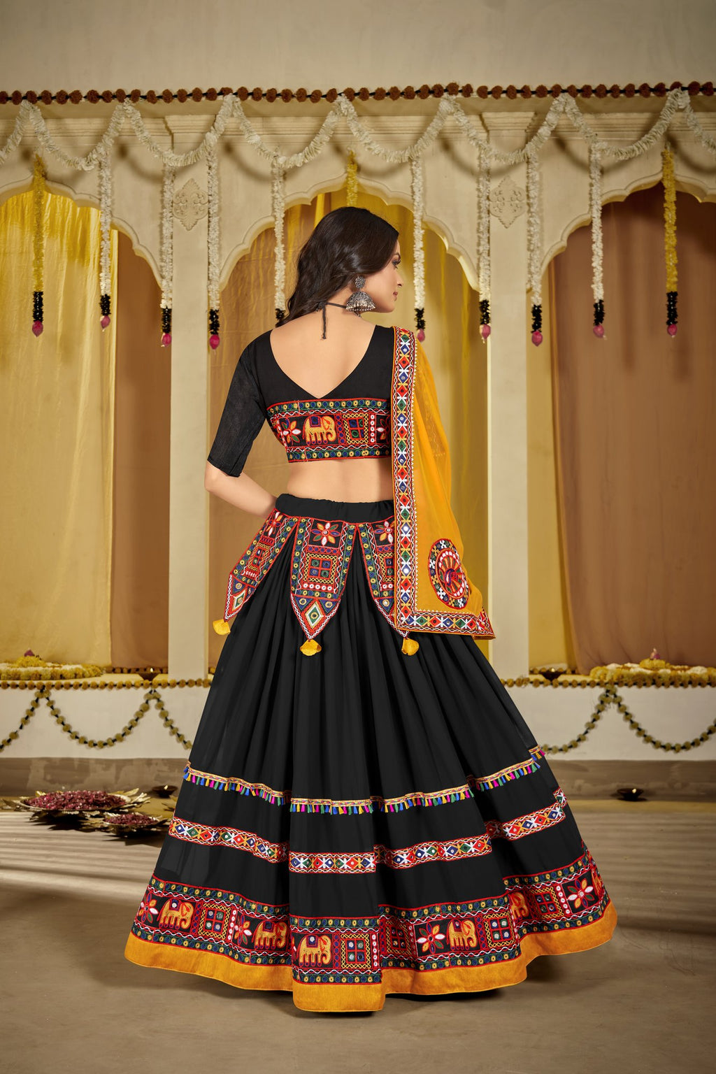 Women's Black Georgette Traditional Kutchi Embroidery with Mirror Work Semi Stitched Lehenga Choli With Dupatta (Nav_14_Black)