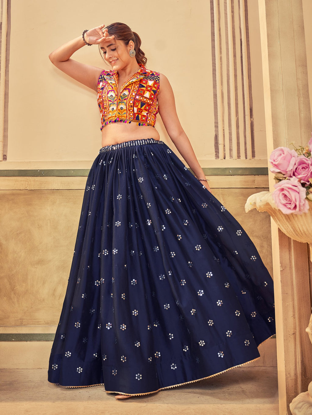 Women's Blue Rangoli Silk Traditional Kutchi Embroidery with Mirror Work Semi Stitched Lehenga Choli With Dupatta (Nav_15_Blue)