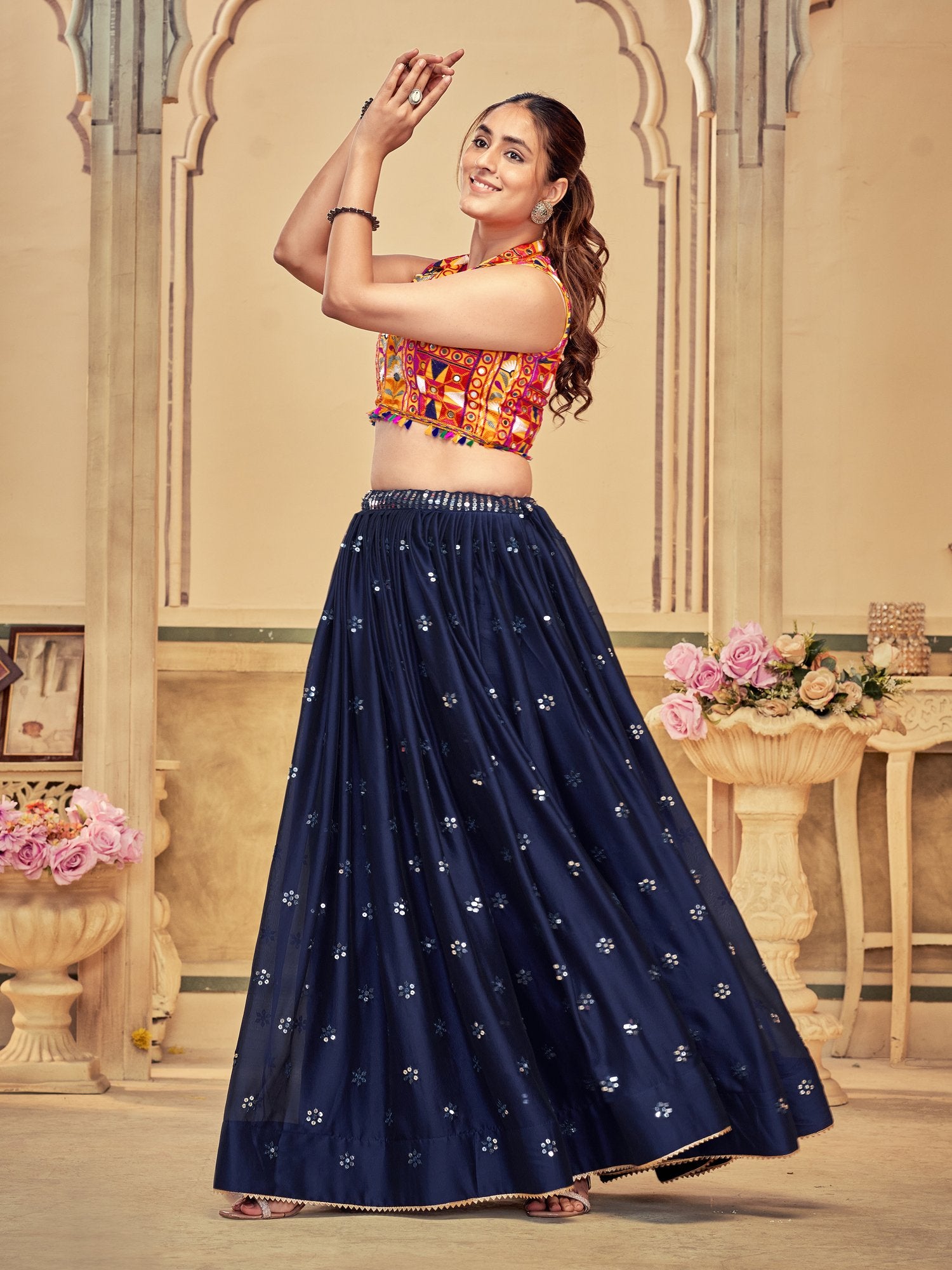 Women's Blue Rangoli Silk Traditional Kutchi Embroidery with Mirror Work Semi Stitched Lehenga Choli With Dupatta (Nav_15_Blue)
